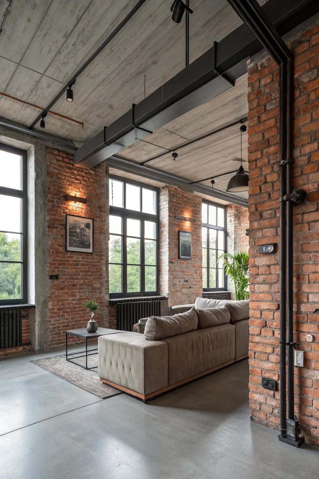 Industrial chic with a brick wall and metal accents.