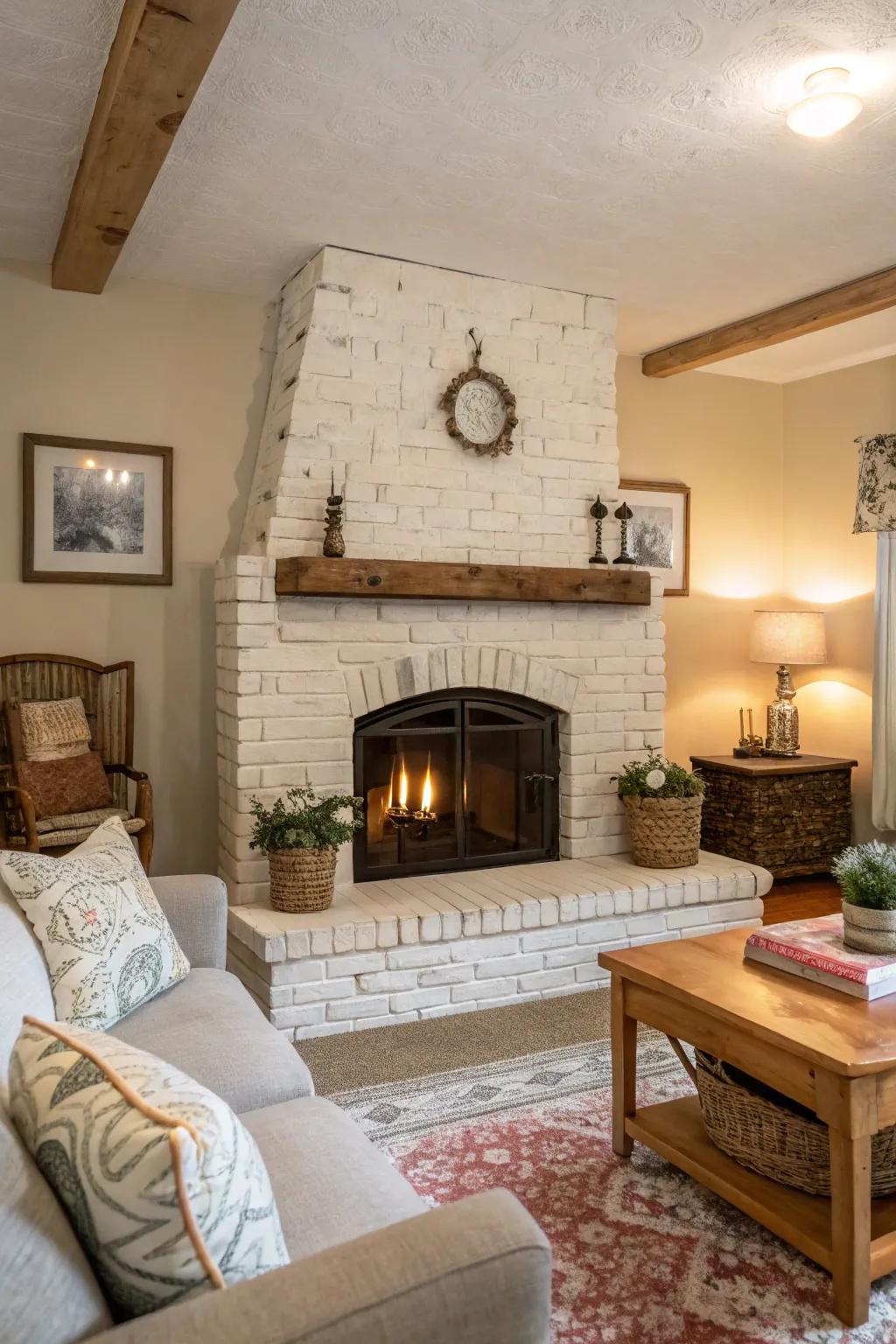 Cottage charm with a whitewashed brick fireplace.