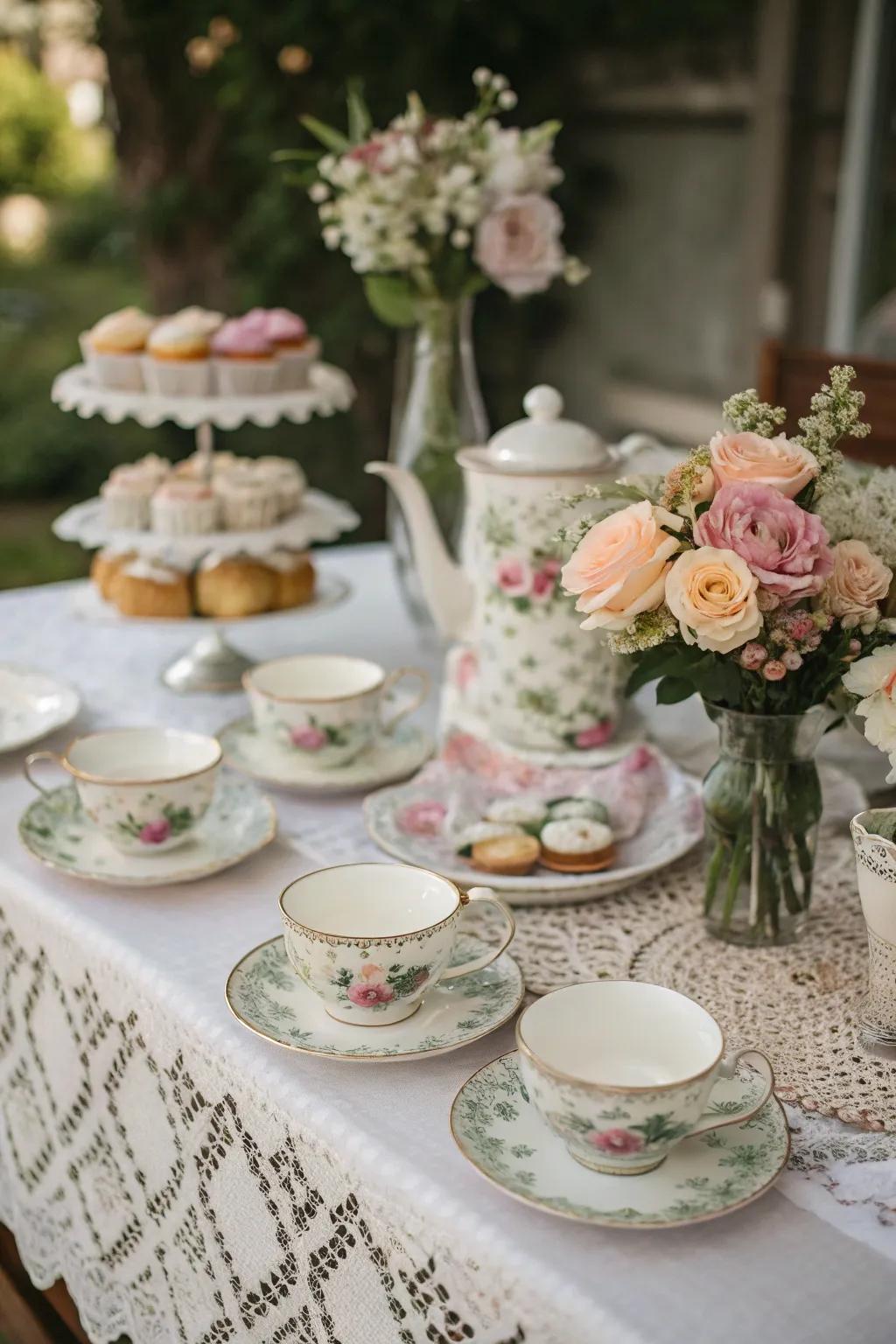 Transport your guests to a vintage tea party with elegant china and lace.