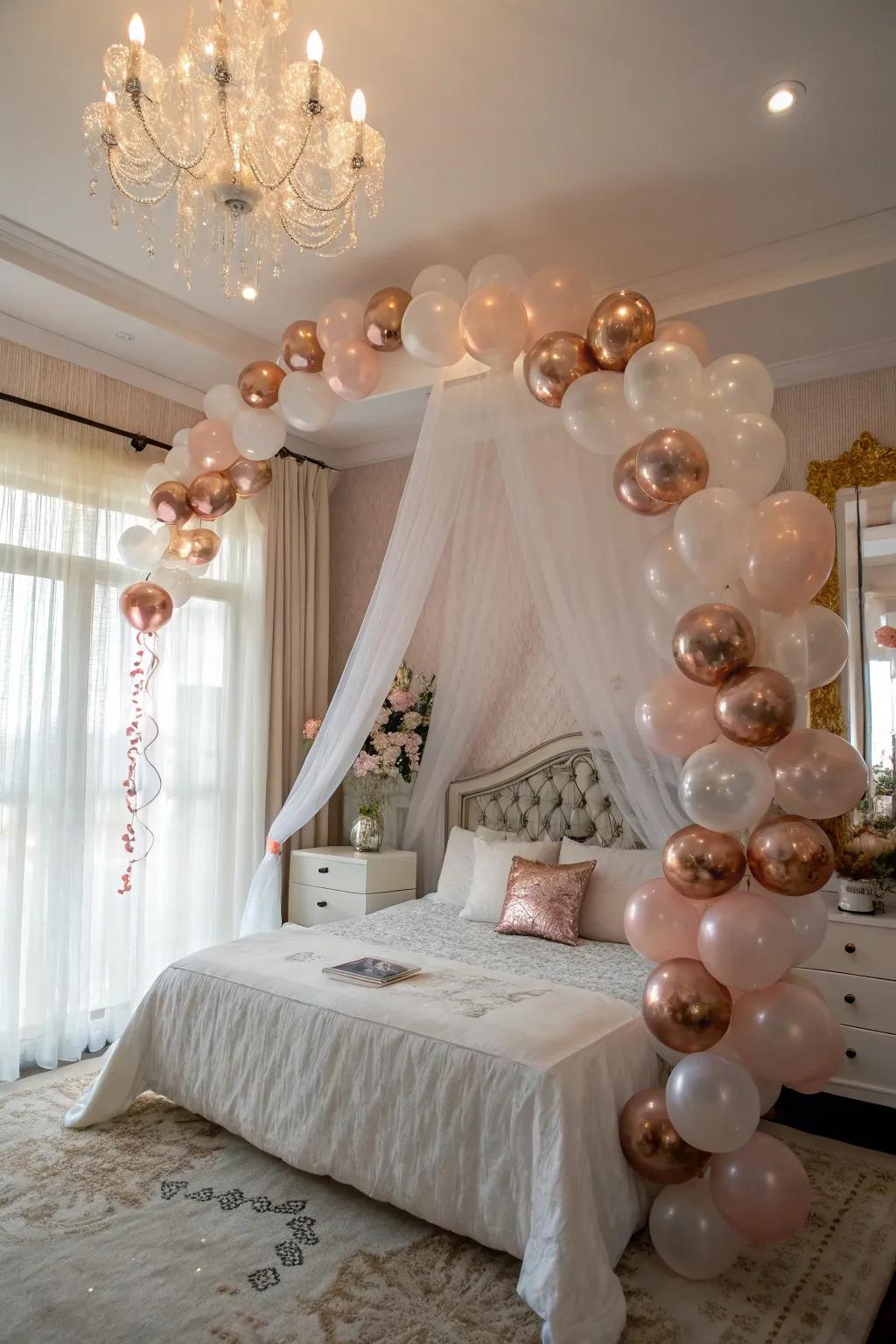 Balloons add a festive charm to bridal room decor.