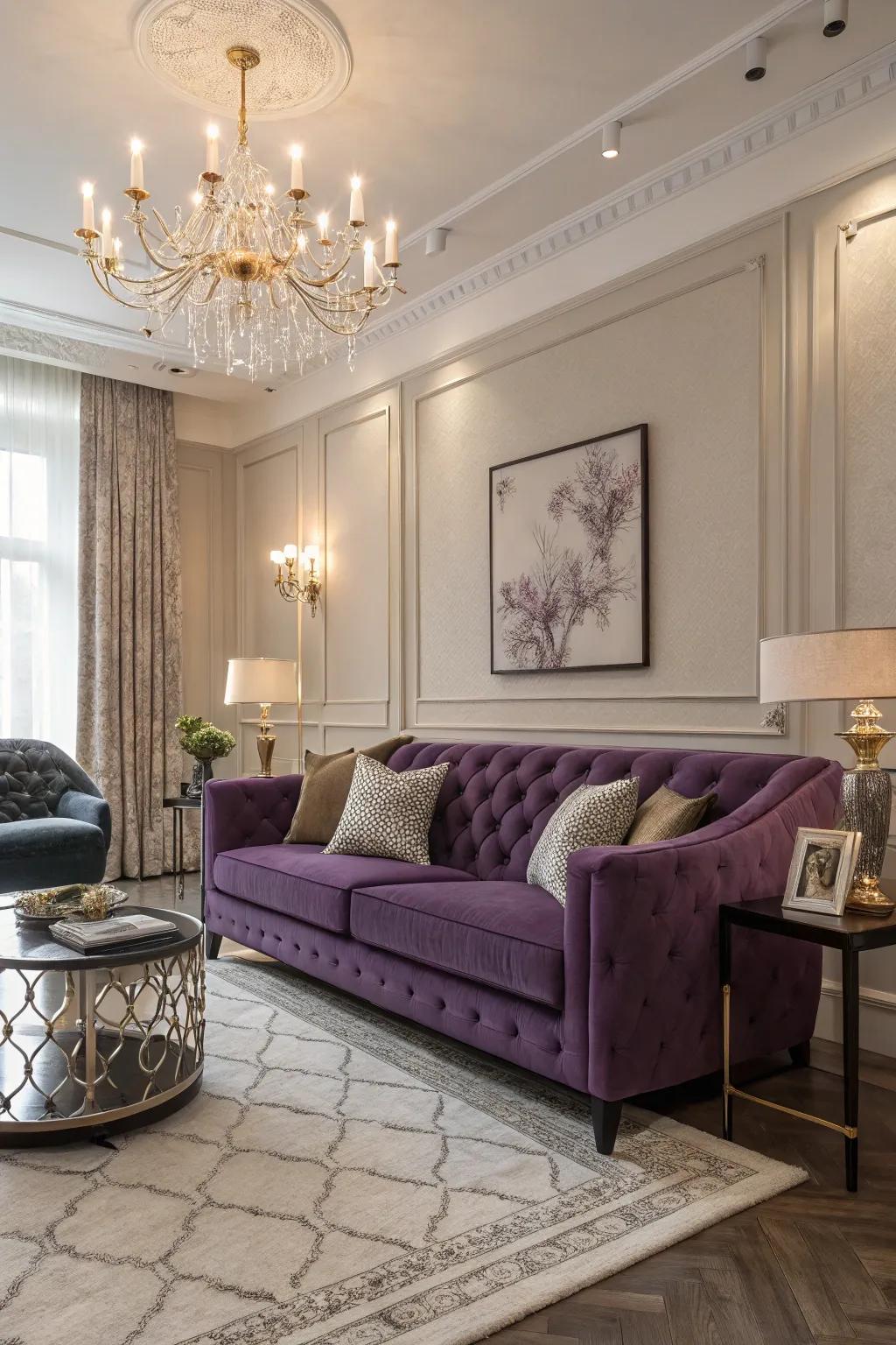 A purple sofa exudes elegance and sophistication.