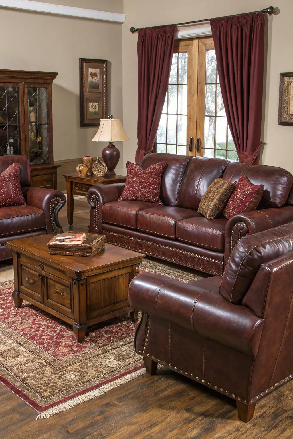 Brown leather furniture brings classic elegance to a burgundy-themed room.