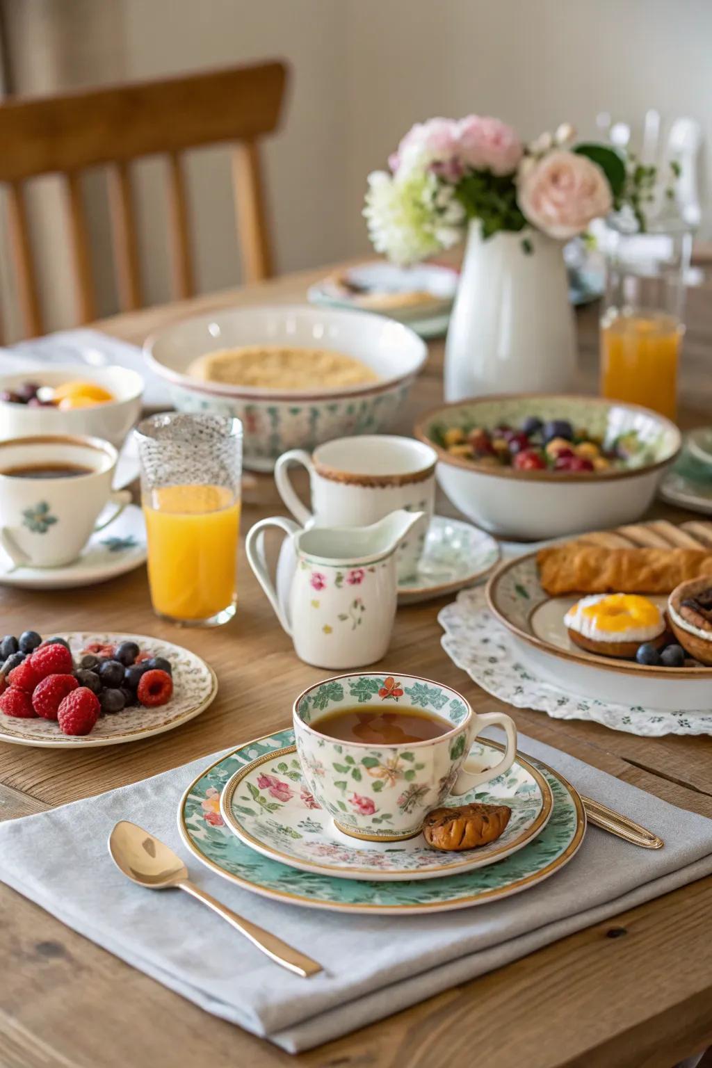 A brunch table set with vintage mismatched tableware and teacups.