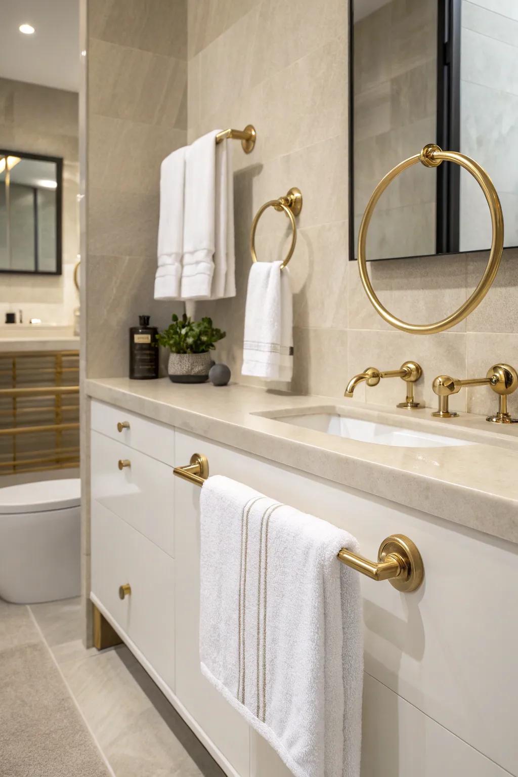 Brushed brass towel rings adding a cohesive touch to the bathroom design.