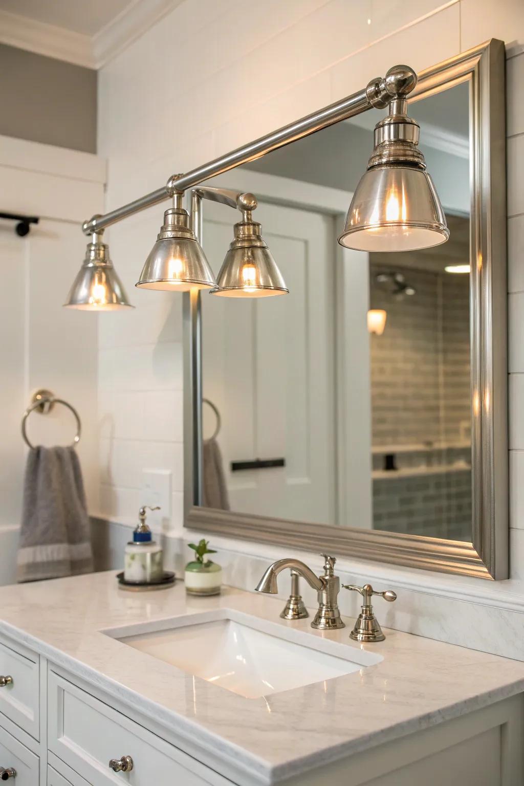 Mid-century modern brushed nickel adjustable arm lighting above a bathroom mirror.