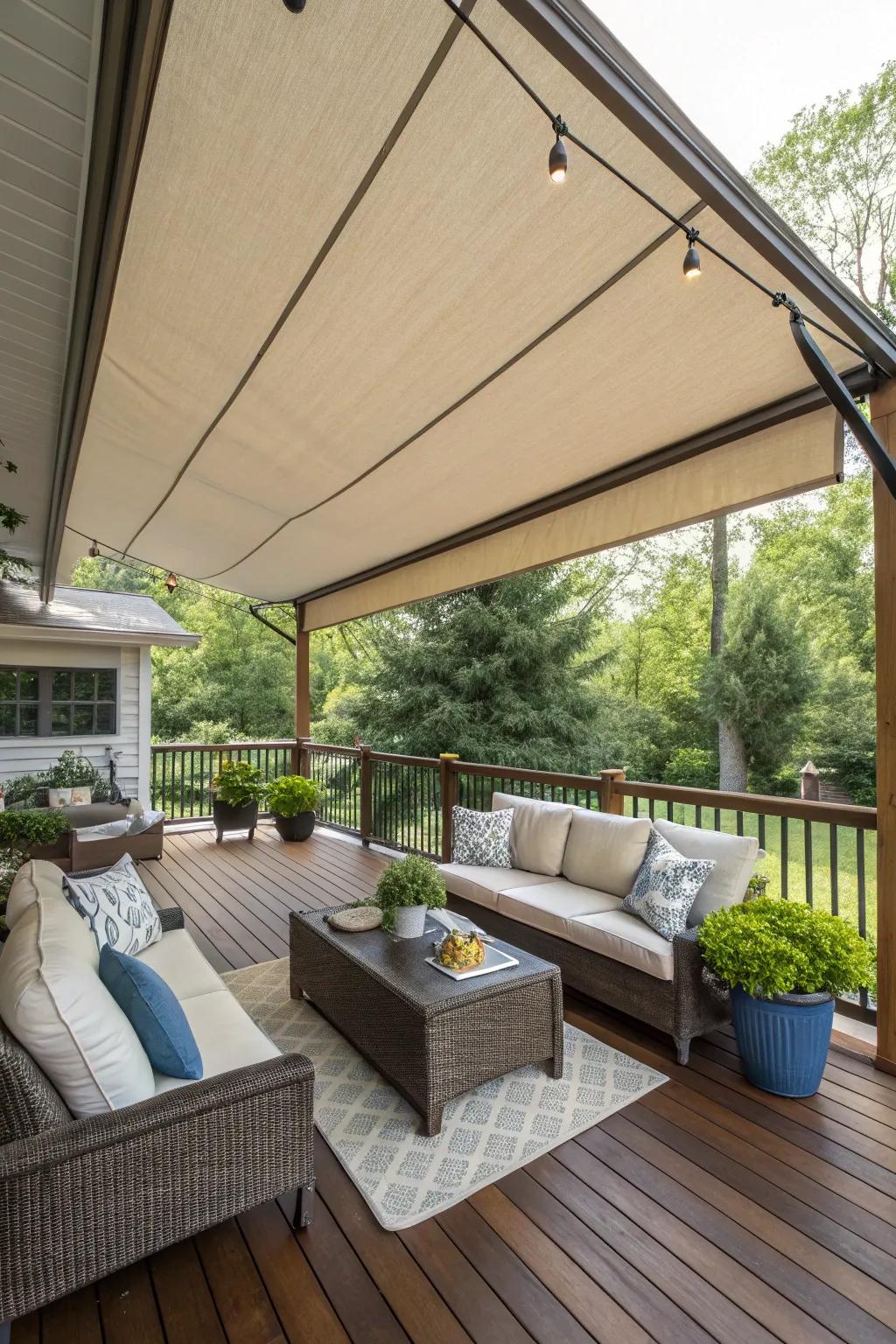 Canvas awnings offer adjustable shade with a touch of elegance.