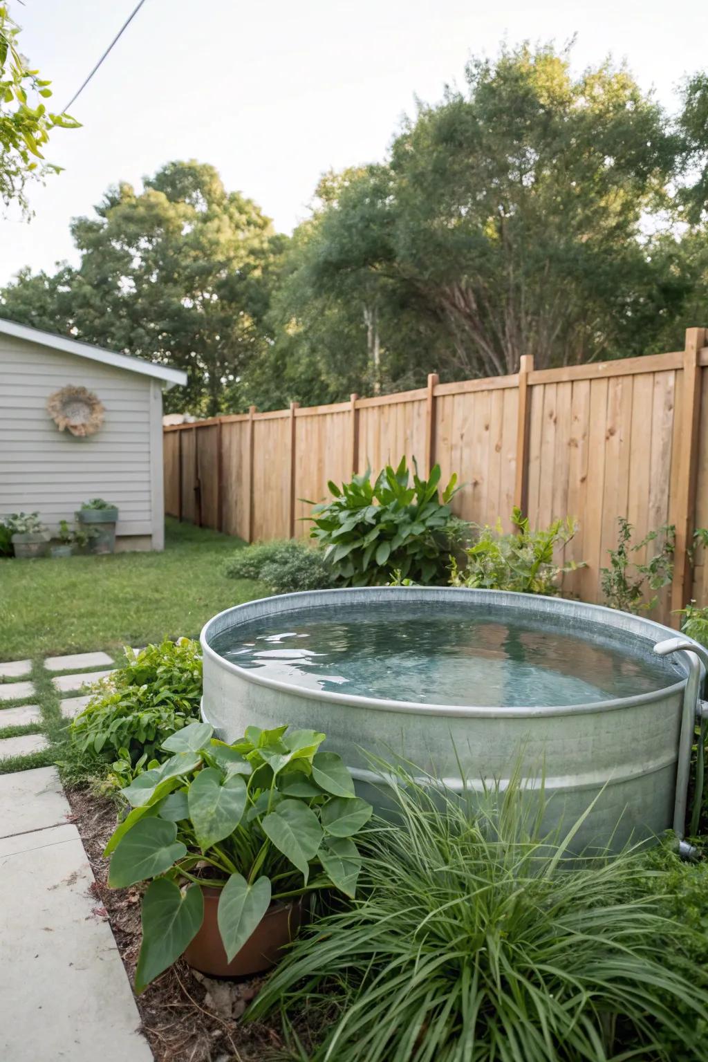 A stock tank pool offers a refreshing escape in a small backyard.