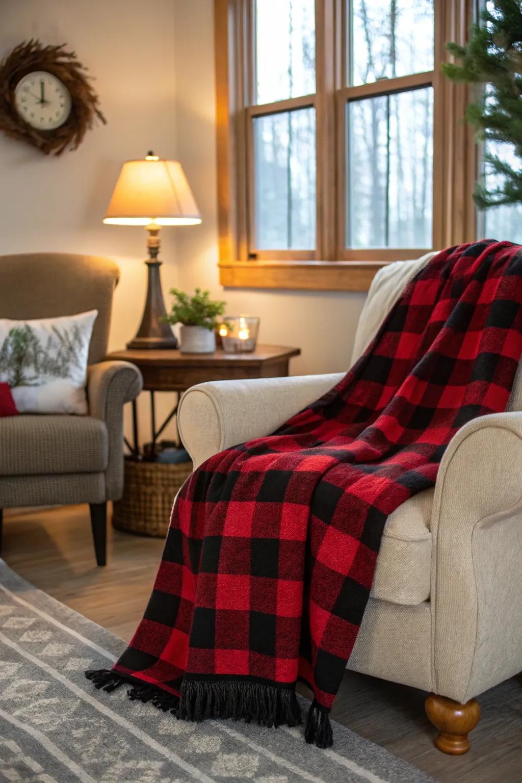 A buffalo plaid blanket adds warmth and style to a living room.