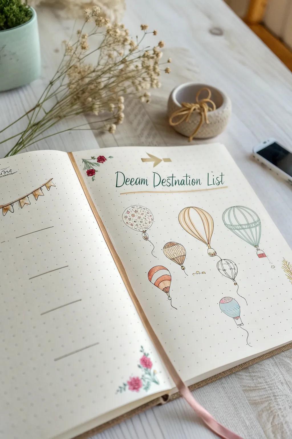 Map your wanderlust with a touch of artistry: Dream destinations beautifully captured in a bujo spread.