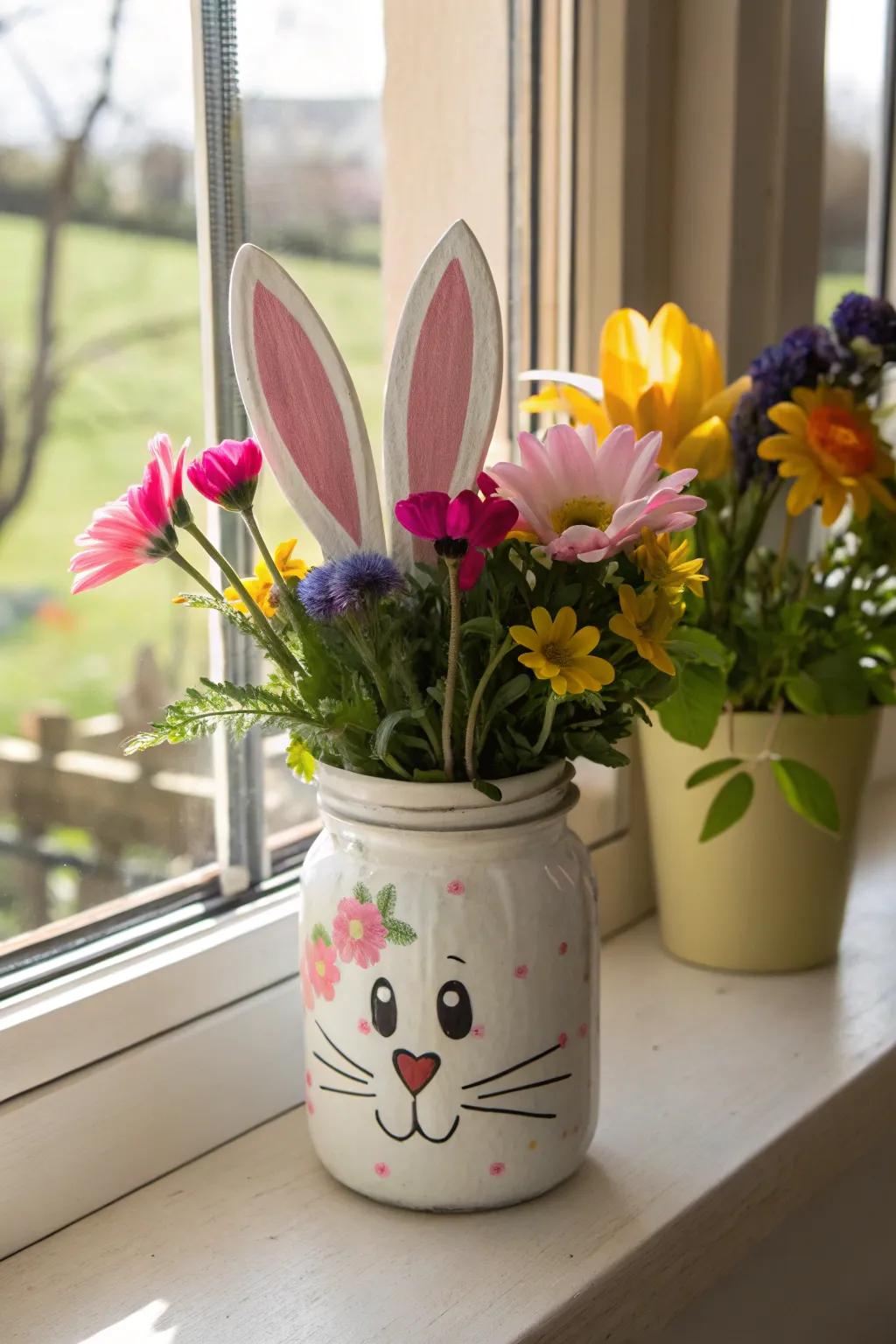 This recycled jar bunny vase is perfect for displaying spring florals.