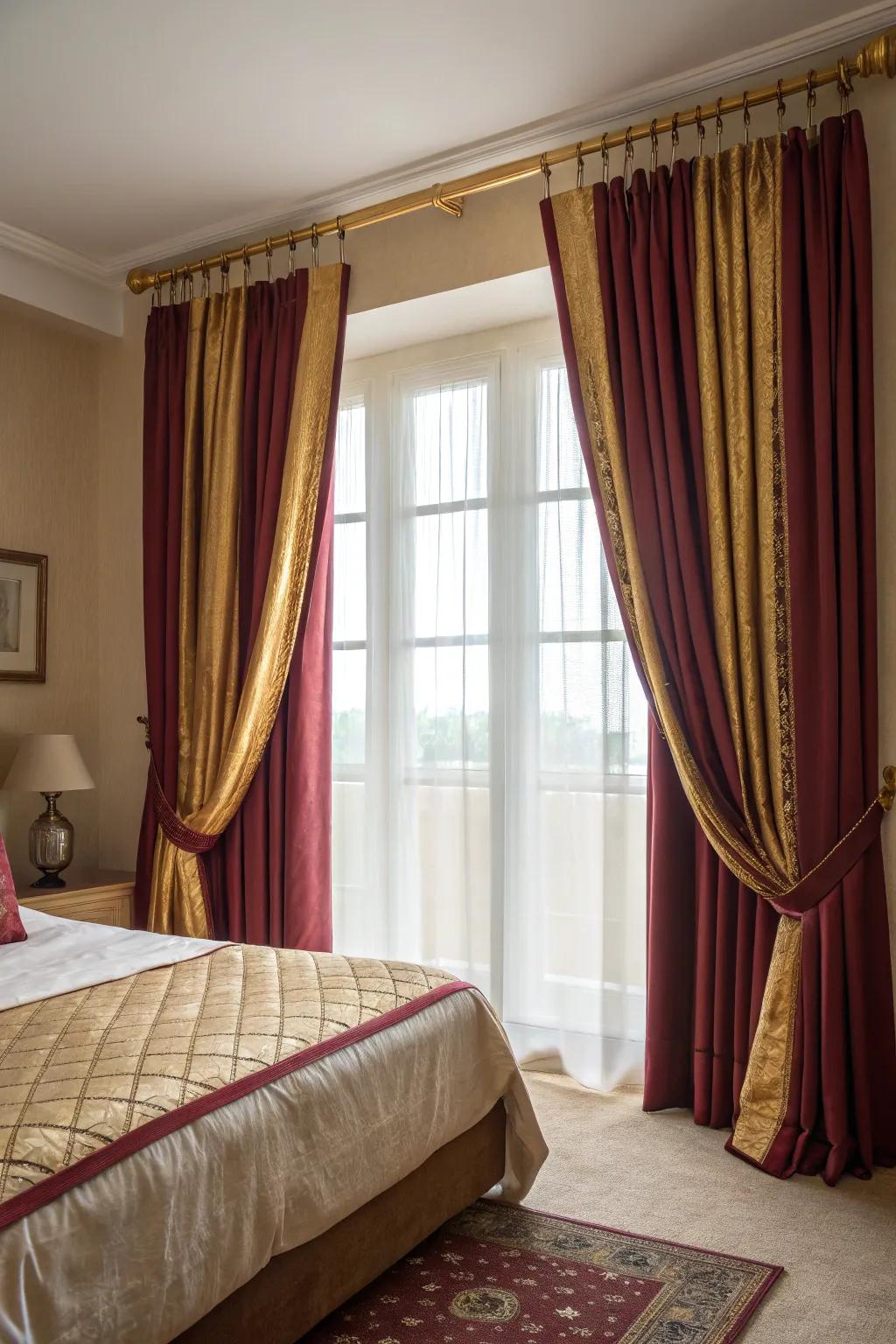 Elegant burgundy and gold curtains that add a touch of luxury.