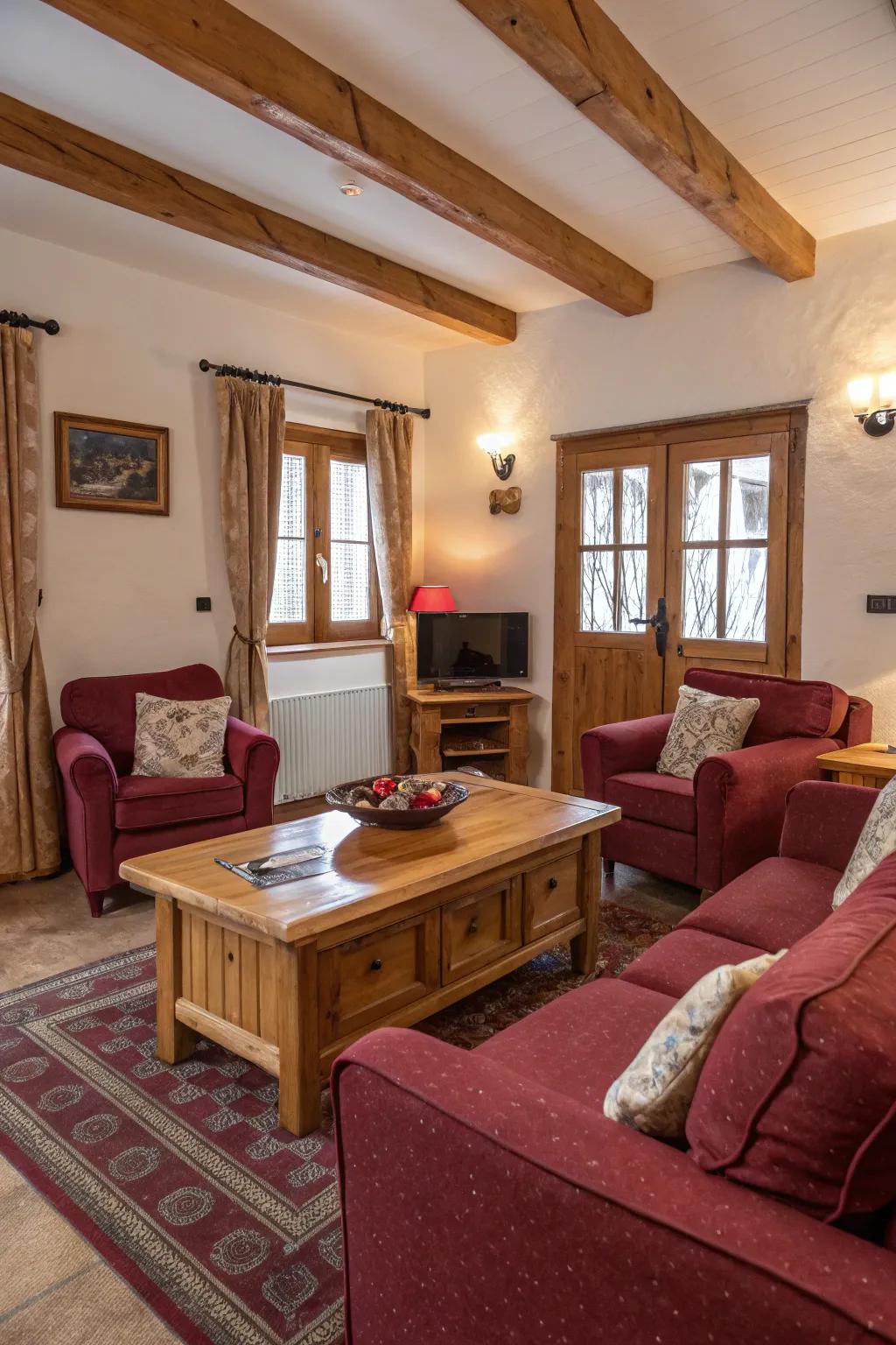 A rustic blend of burgundy and wood brings warmth to this living room.