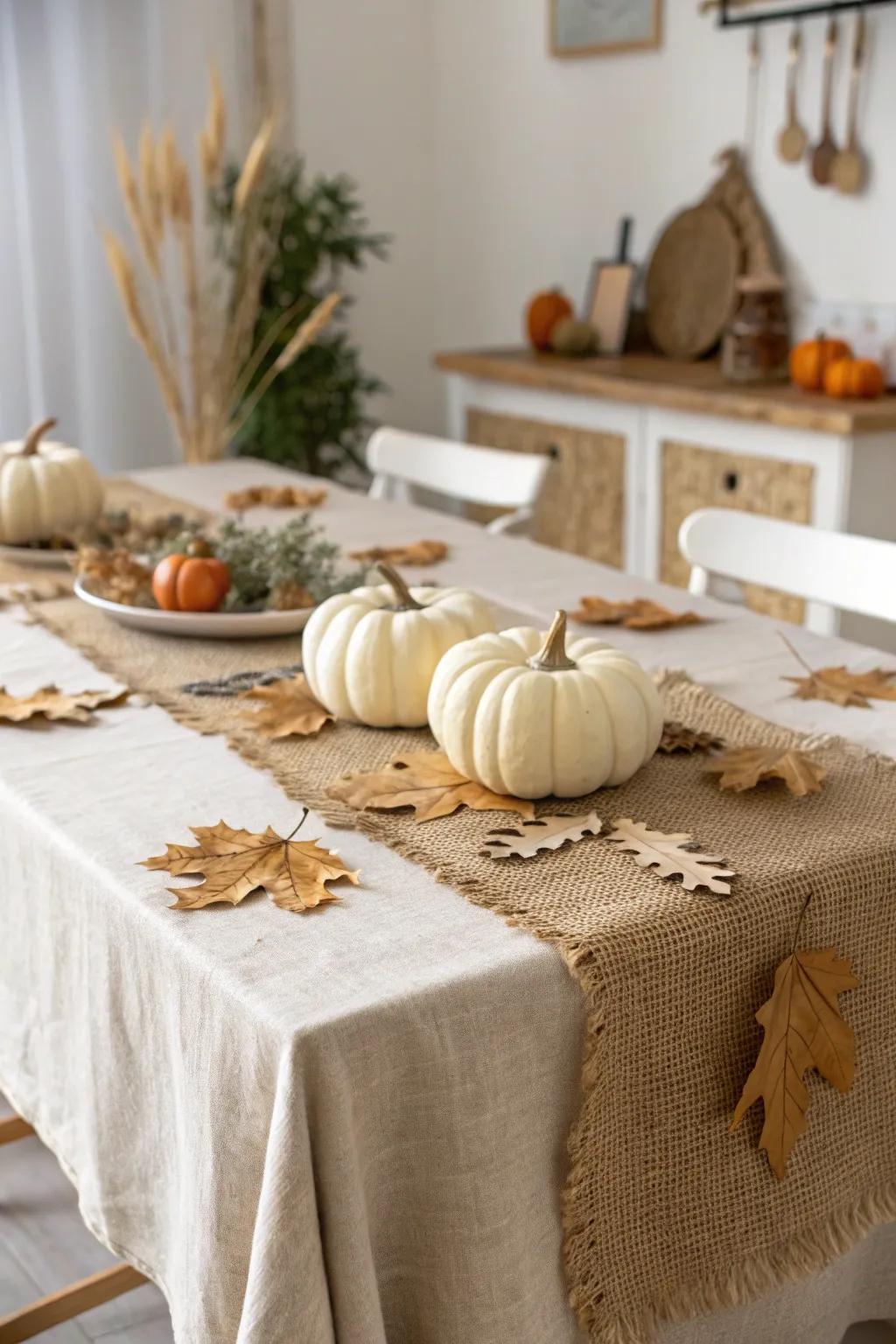 Embrace autumn's warmth with a burlap table setting, adorned with mini pumpkins and leaves for a cozy seasonal touch.