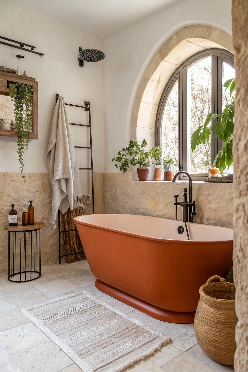 A burnt orange bathtub serves as the centerpiece of this stylish bathroom.