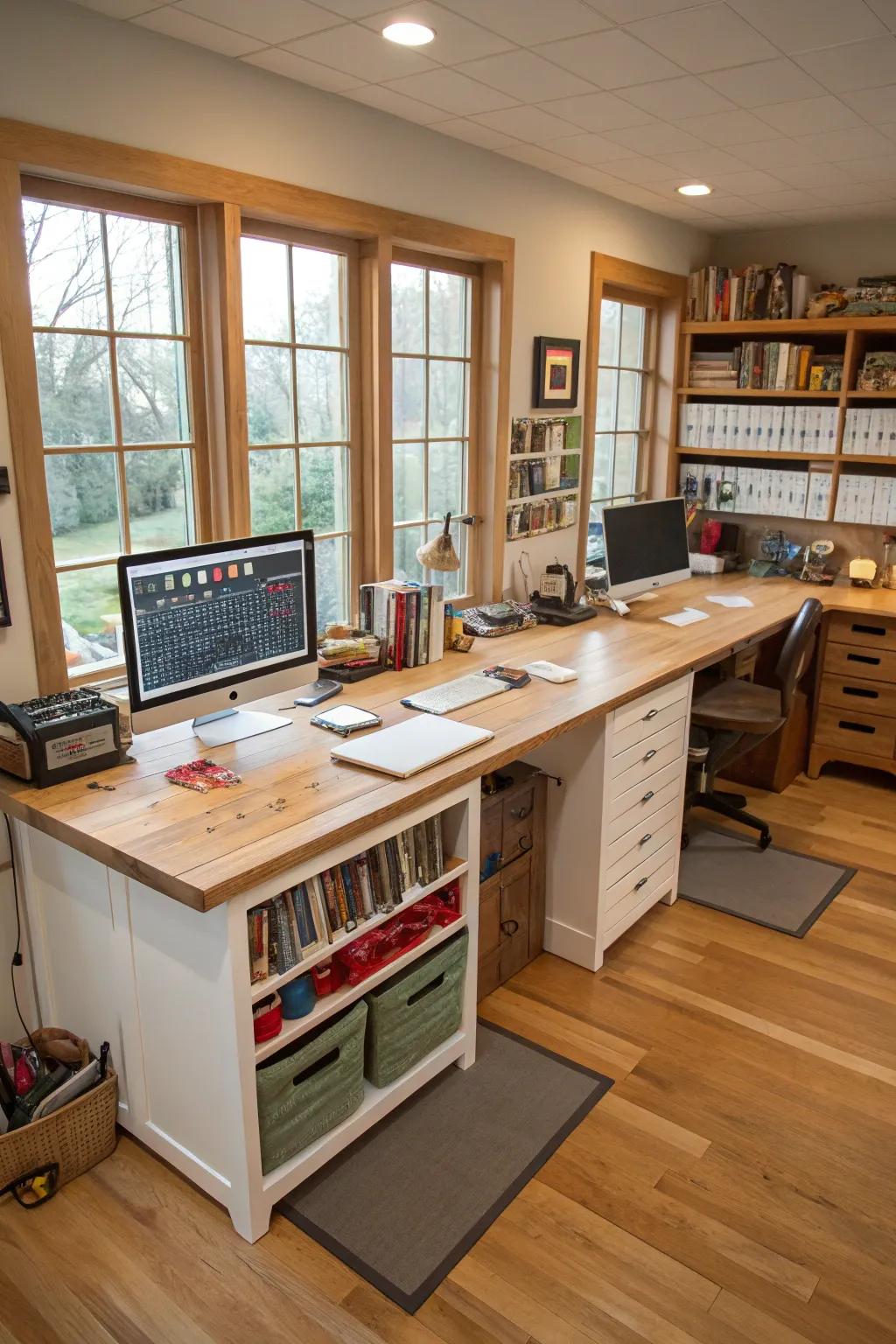 L-shaped butcher block desk offering ample workspace.