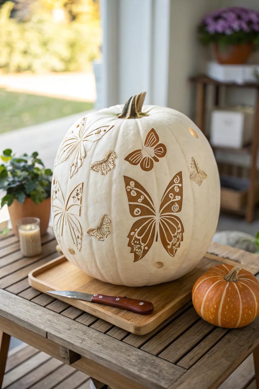 Transform your pumpkin into a whimsical butterfly garden with this enchanting carving design.