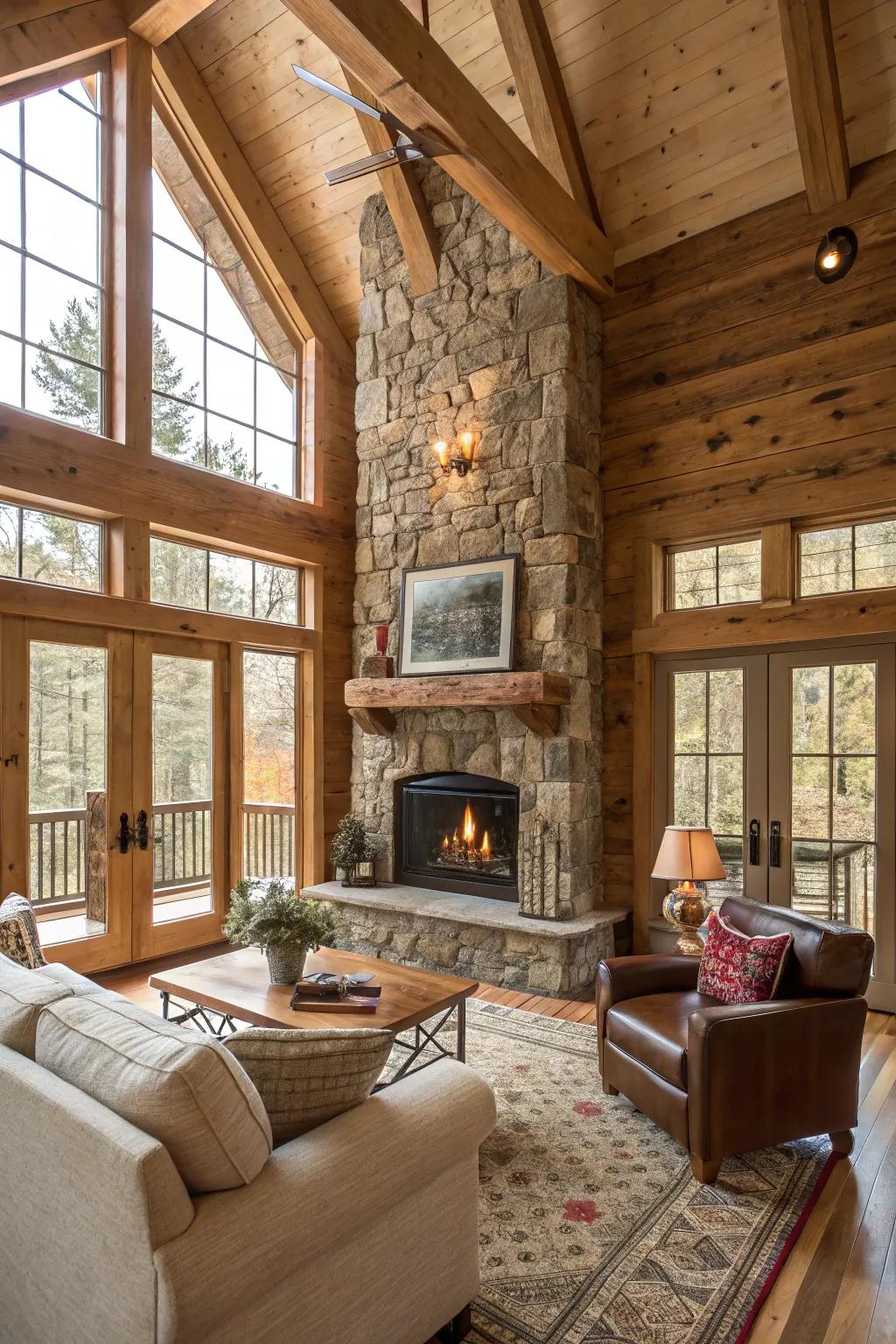 A gas fireplace with a stone chimney offering modern convenience.