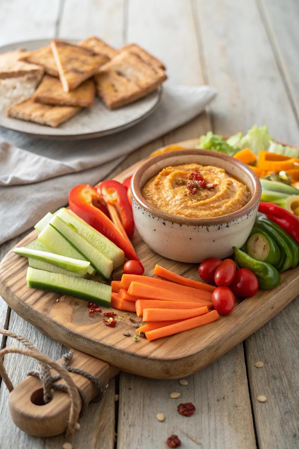 Elevate your camping feast with a touch of elegance—discover the art of charcuterie with our delicious roasted red pepper hummus and fresh veggies.