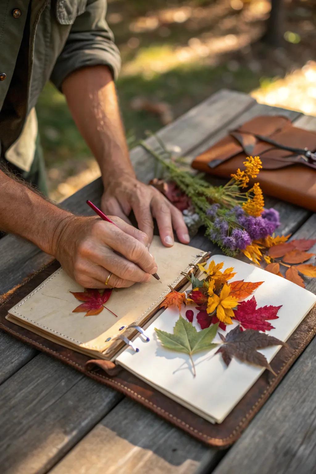 Capture the essence of your adventure with the art of pressing leaves and flowers.