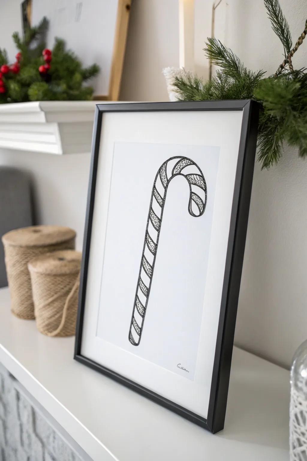 A minimalist candy cane drawing adds elegance to holiday decor.