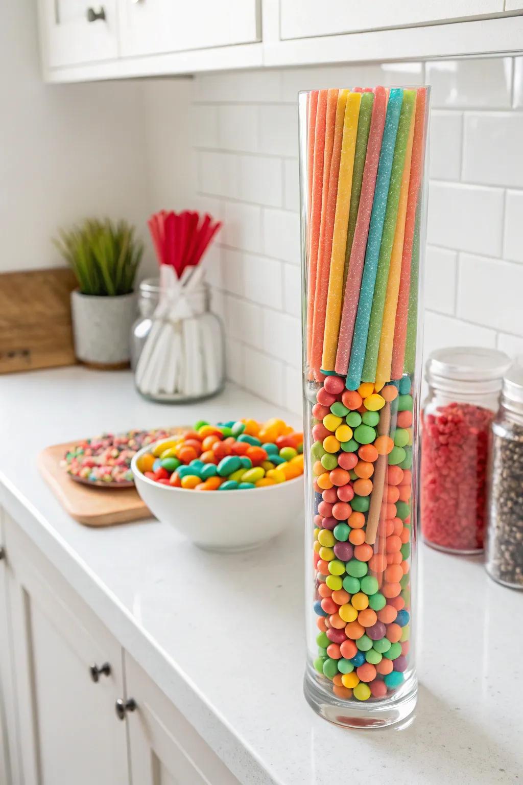 A tall candy-filled vase adds height and color to any table setting.