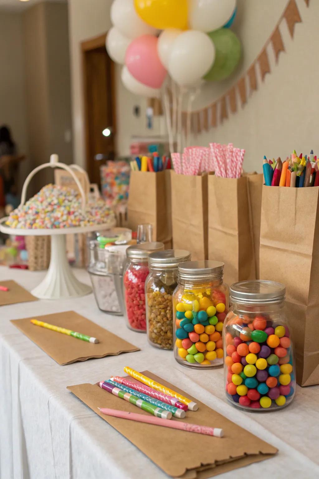 A candy bar with customizable bags for a personalized touch.