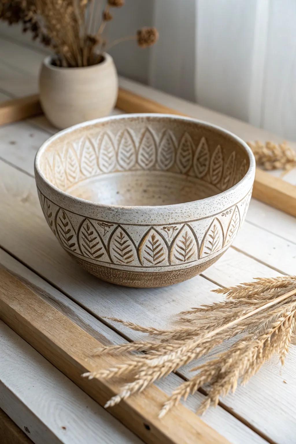 Discover the art of texture with this beautifully crafted pottery bowl that seamlessly blends smooth elegance with rustic charm.