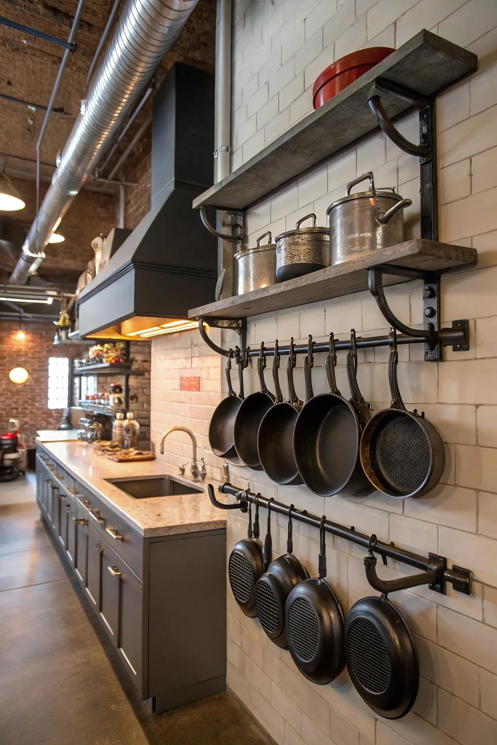 Industrial pipe rack displaying a collection of cast iron cookware.