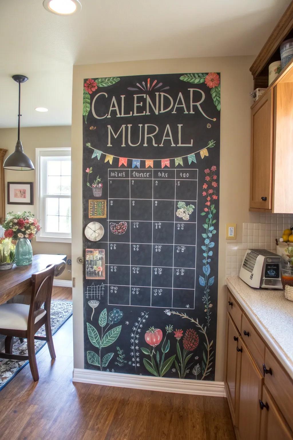 Stay organized with a creative chalkboard calendar mural.