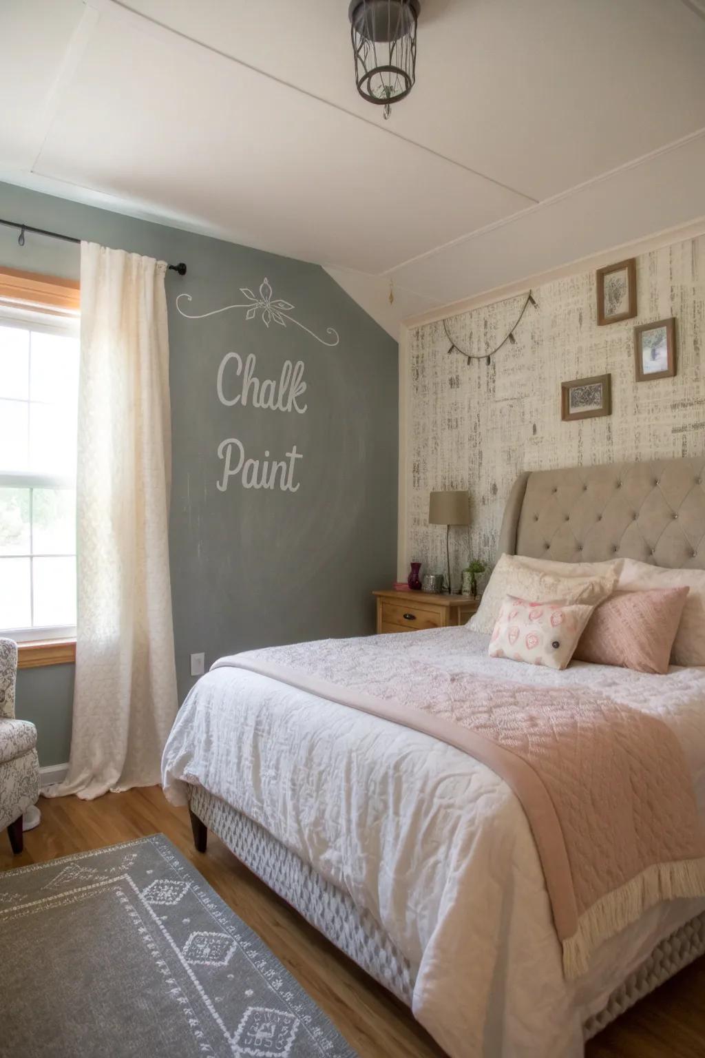 A chalk paint accent wall adds a personal touch to your bedroom.