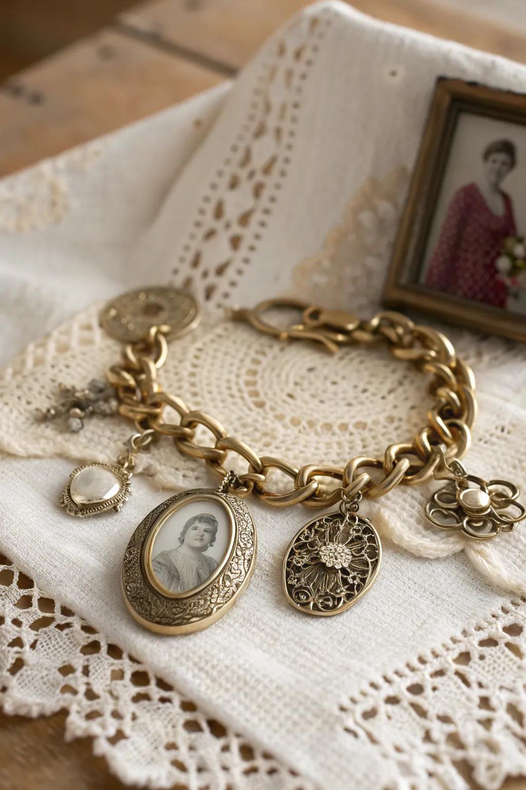 A charm bracelet featuring family heirlooms that carry stories of love and legacy.