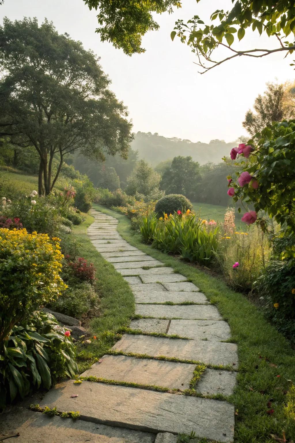 Concrete slabs offer a modern, durable garden path solution.