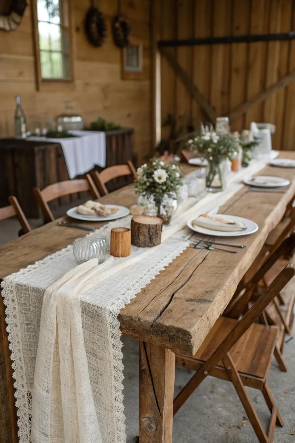 Rustic elegance achieved with a neutral cheesecloth runner.