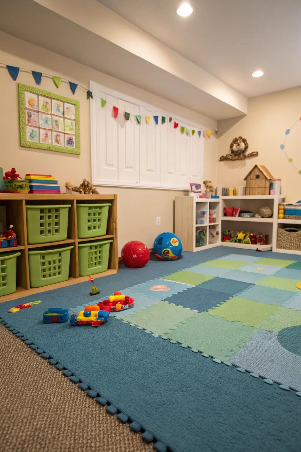 A children's room featuring a durable-backed carpet that withstands heavy use.