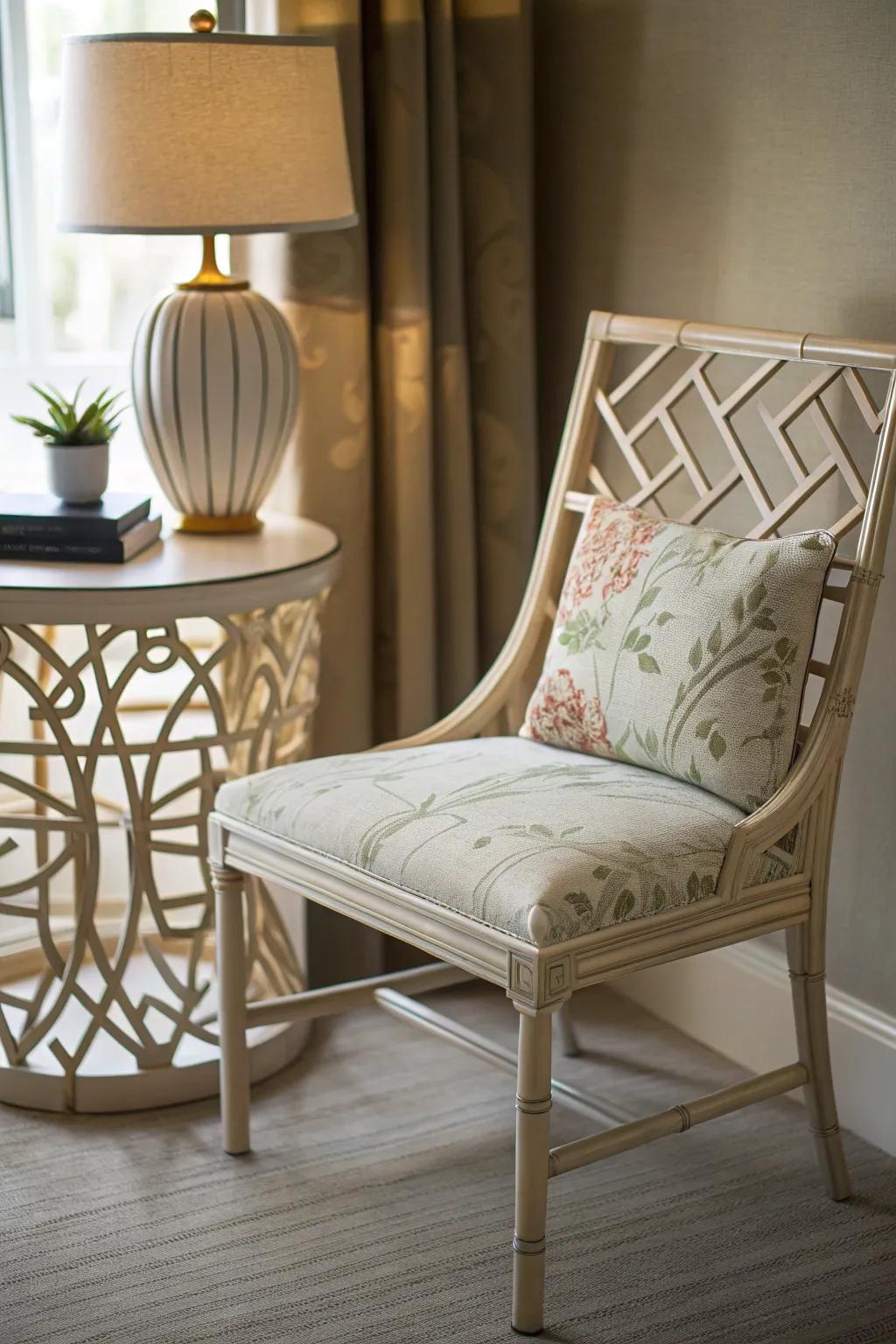 A chinoiserie chair adding character and charm.