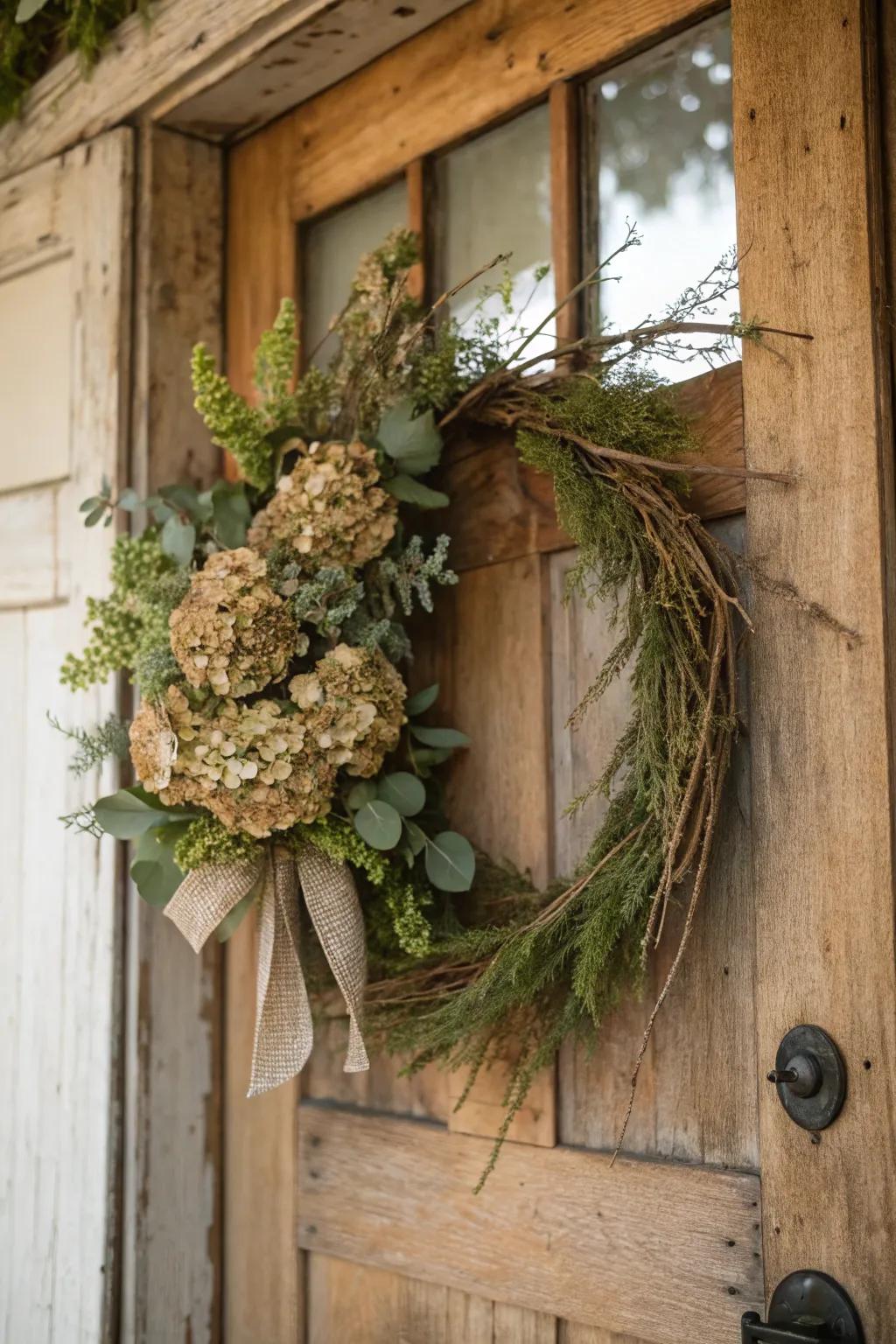 A rustic wreath made from simple greenery and dried hydrangeas exudes organic charm.