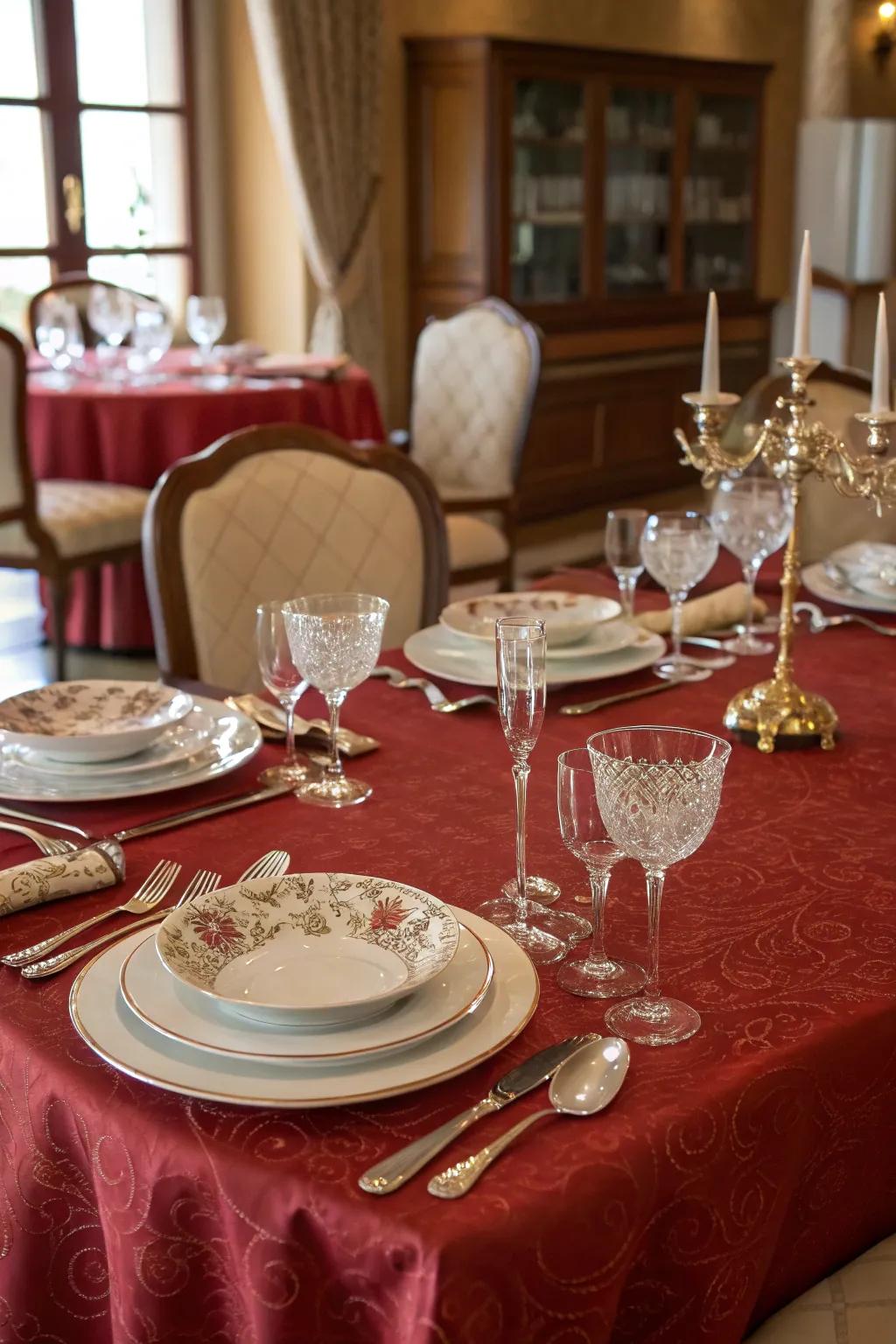 A red tablecloth brings a festive feel to your dining room instantly.