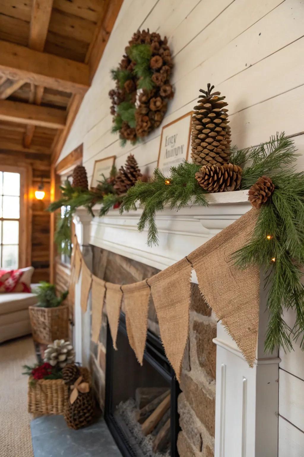 A cozy rustic Christmas mantel with farmhouse elements.