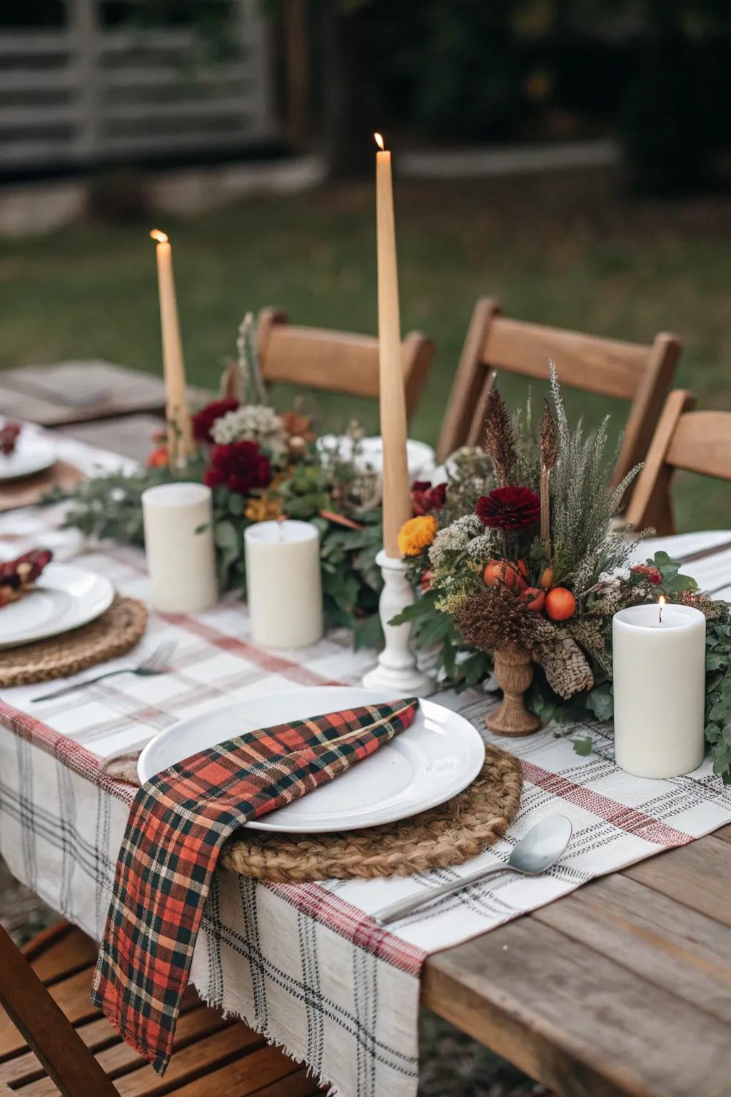 A cozy and inviting table setting with plaid accents.