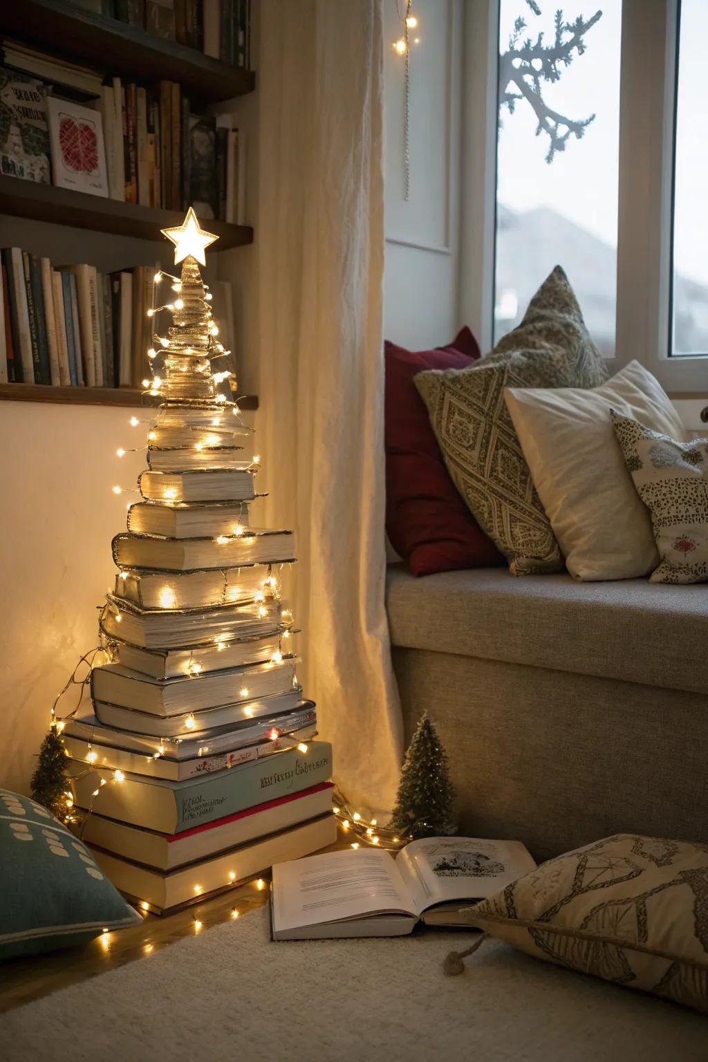 A book lover's delight, this Christmas tree made from stacked books is both festive and intellectual.