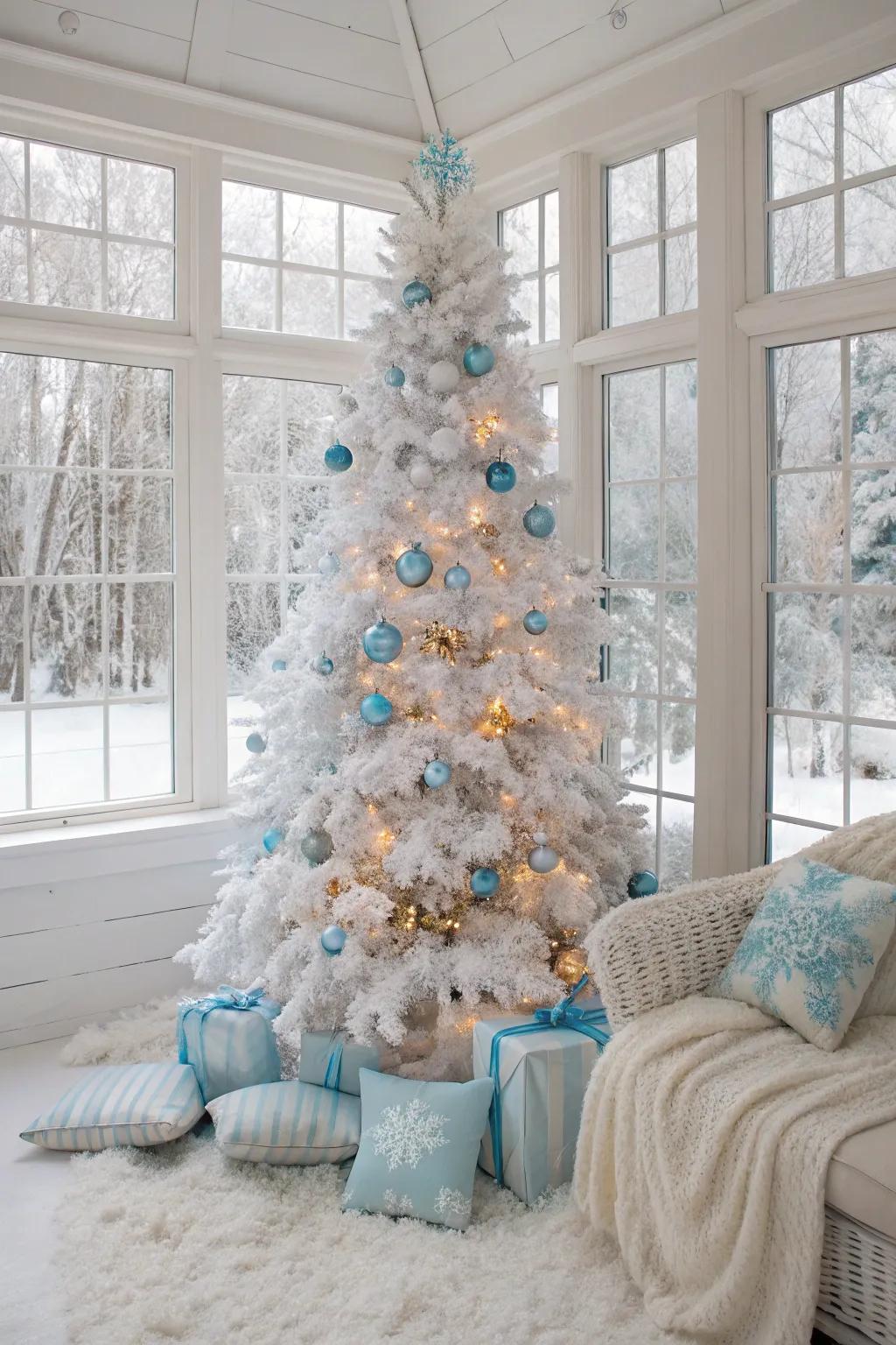 A winter wonderland Christmas tree with icy blue garlands