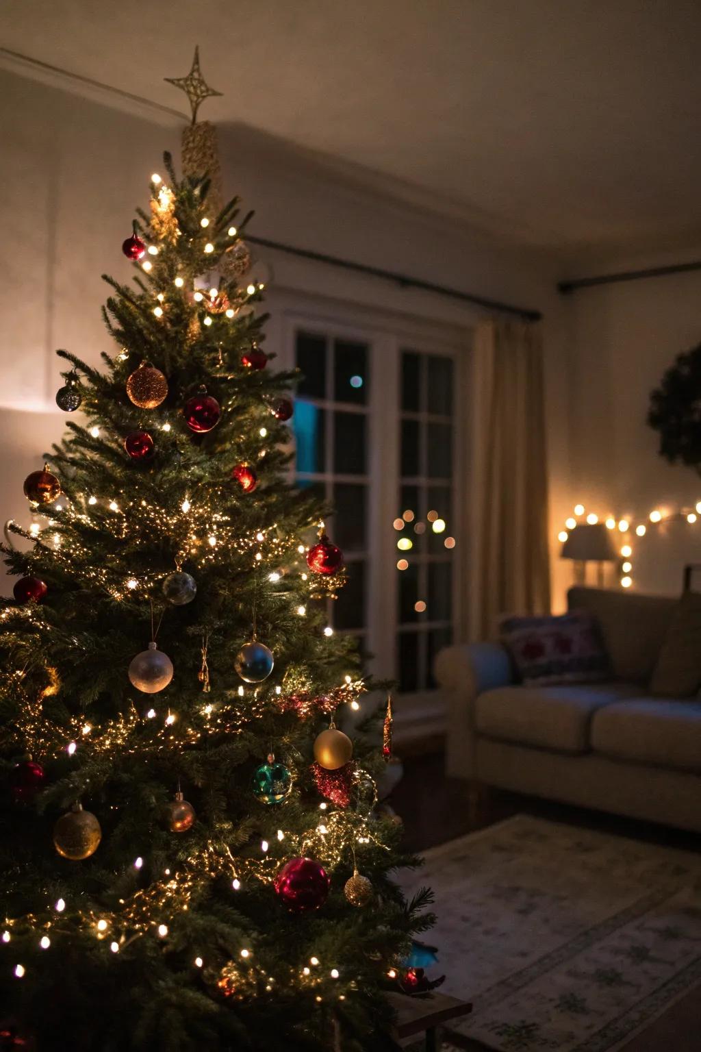 Twinkling lights adding a magical touch to a Christmas tree.