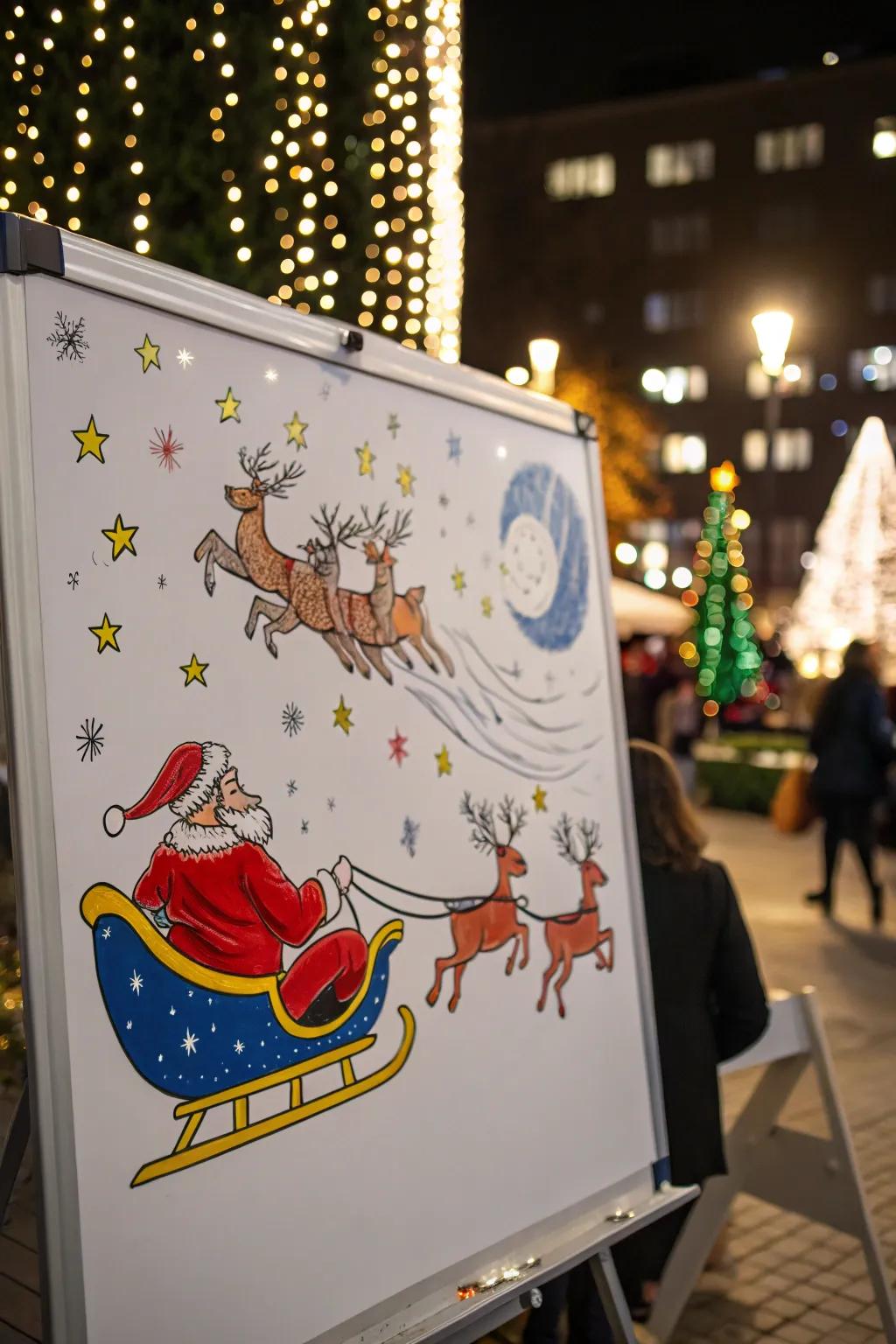 Santa's sleigh and reindeer soaring through the night sky.