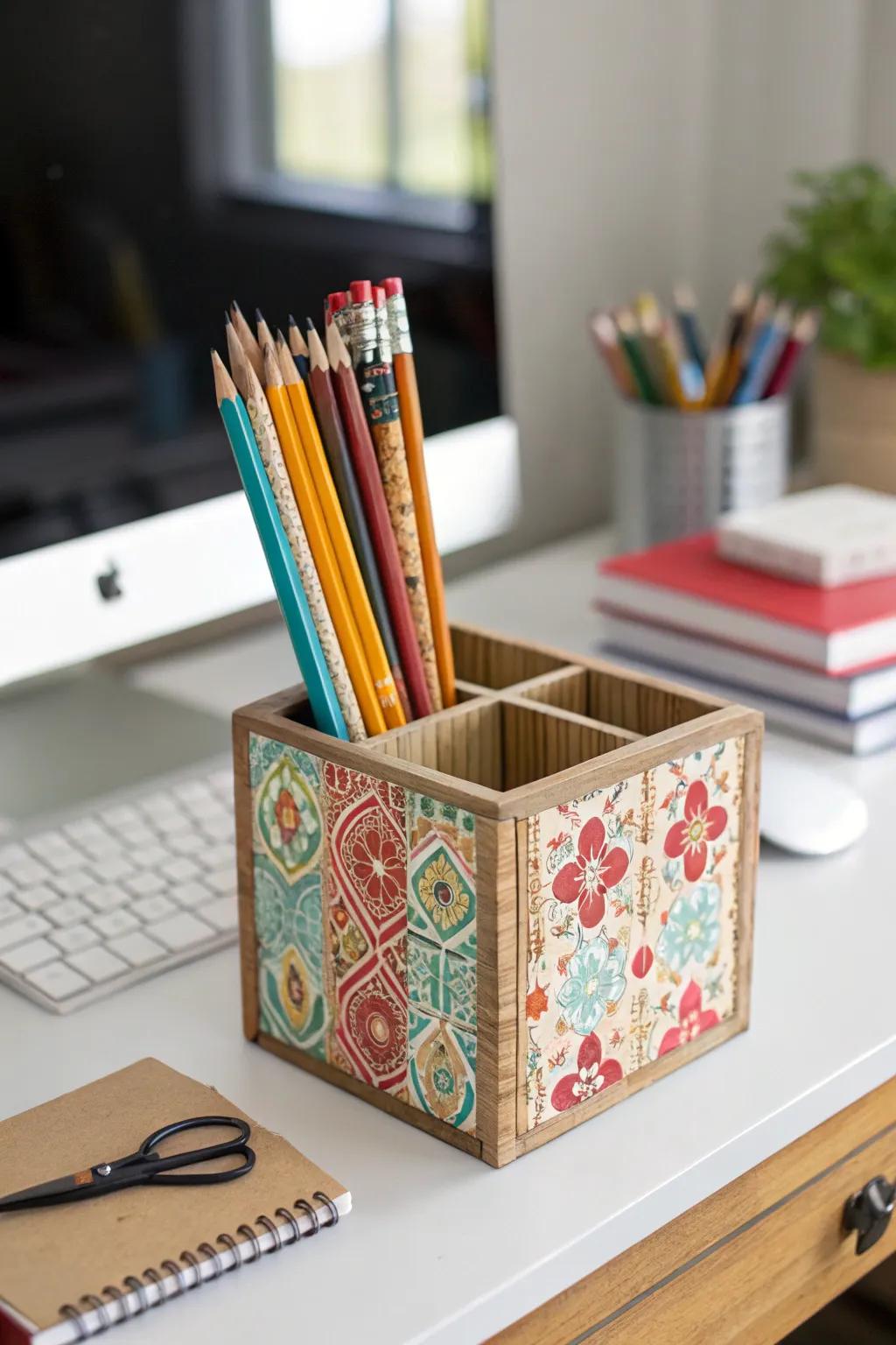 A chic pencil holder made from a cigar box adds flair to your workspace.