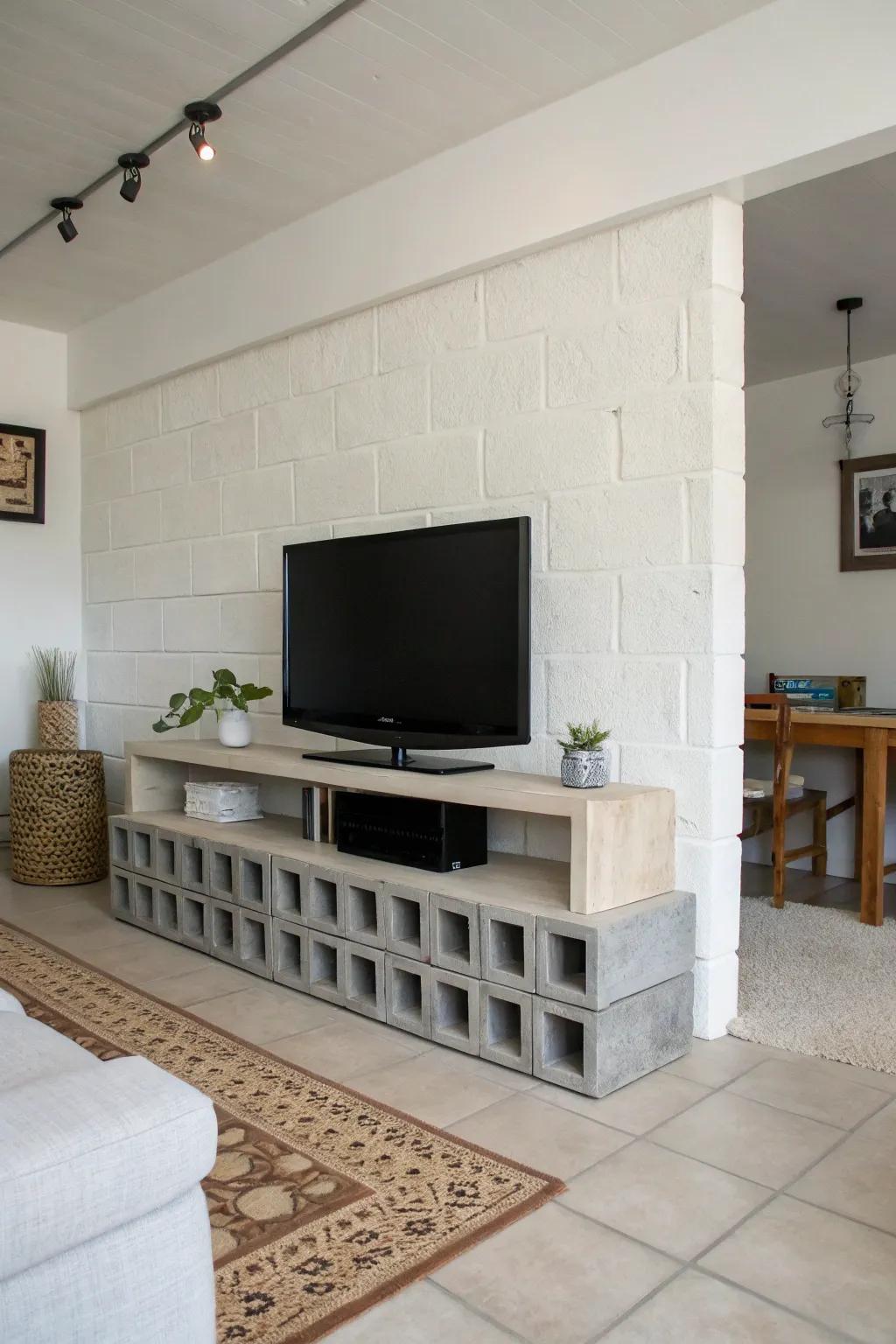 A clever floating cinder block TV stand enhances the minimalist vibe of this living room.