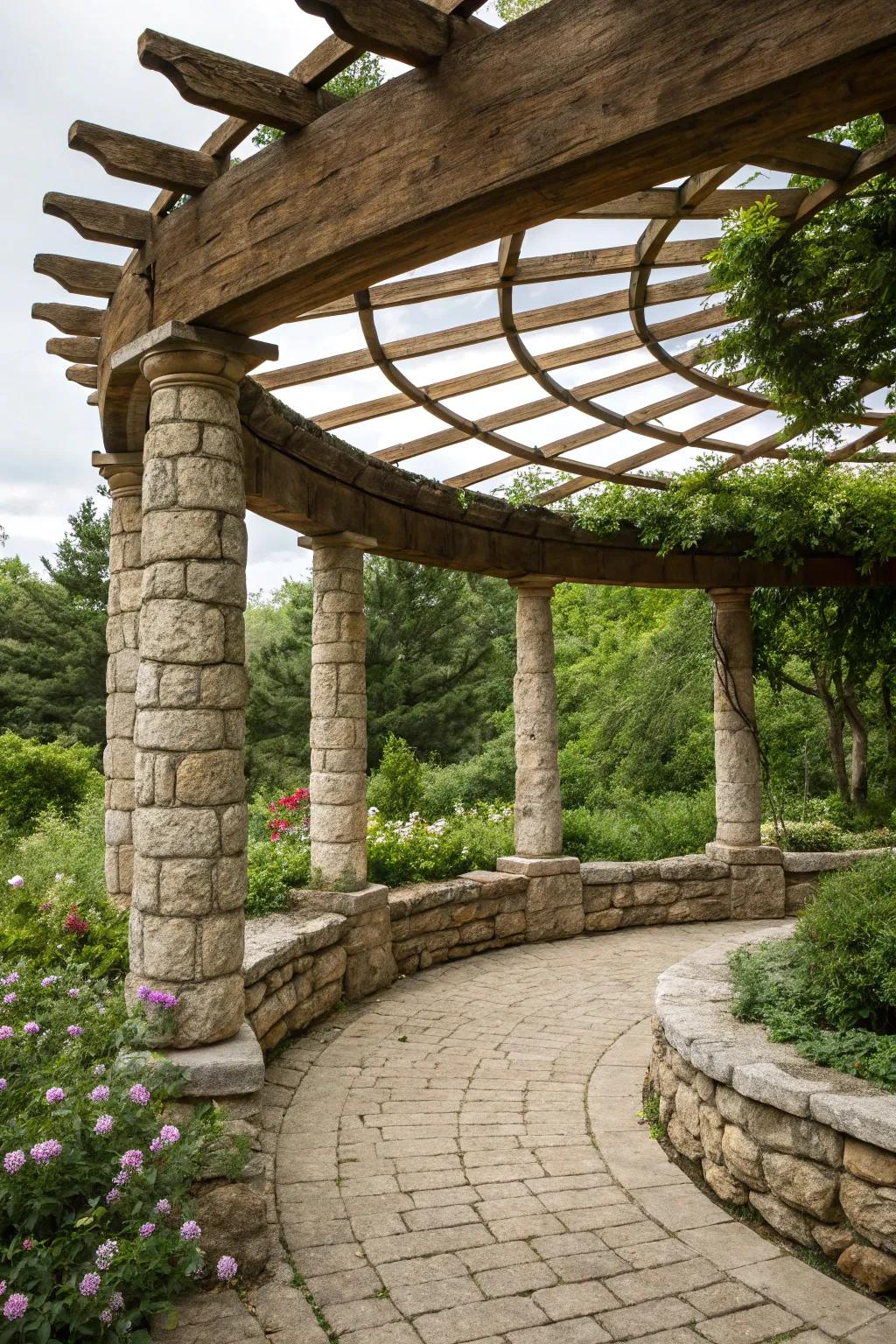 A rustic stone pergola seamlessly integrates with the natural environment.