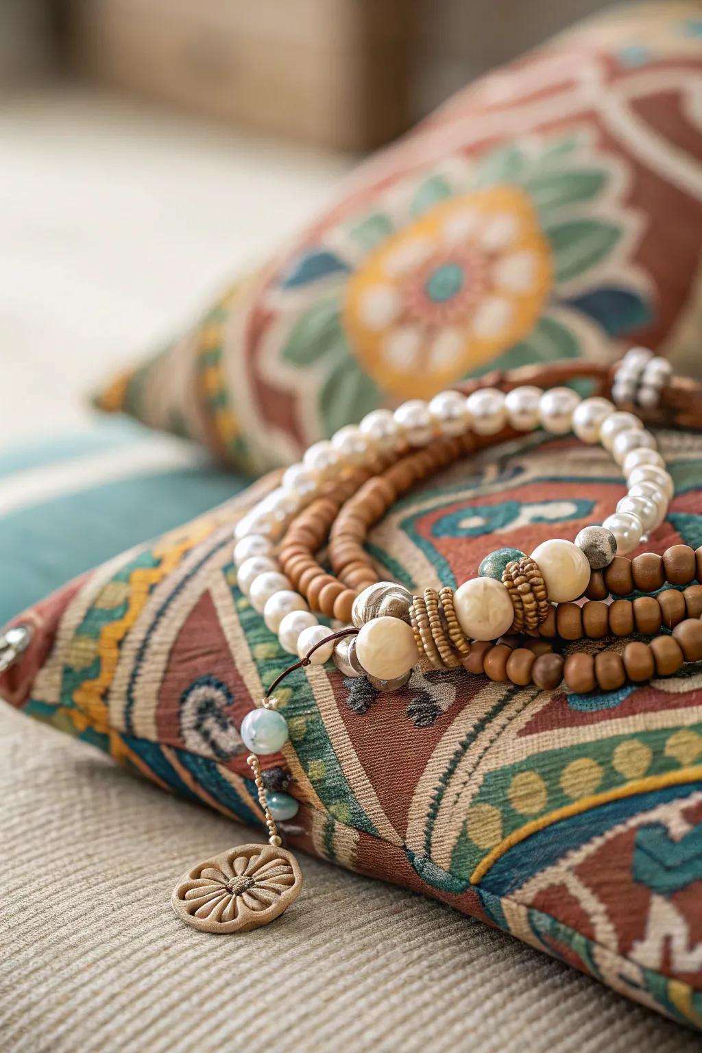 Boho chic layering with earthy tones and elegant pearls.