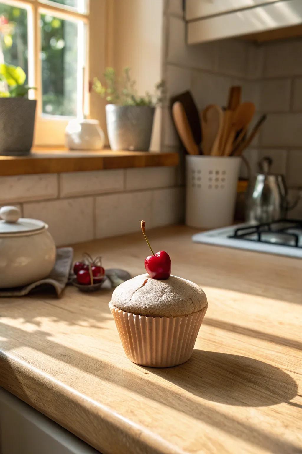 A miniature cherry-top clay cupcake, a sweet little detail.