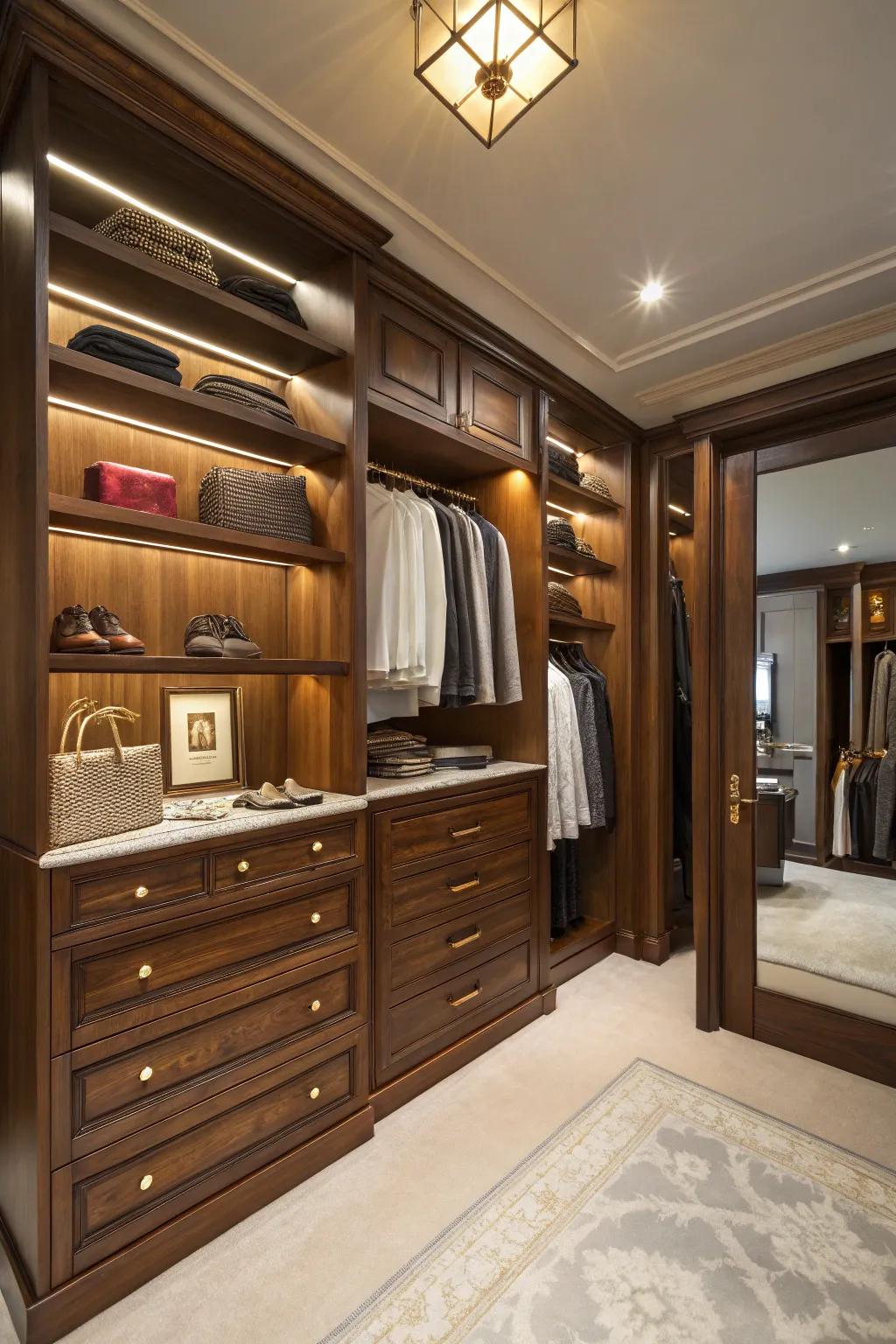 Custom shelving around a dresser, adding a touch of luxury to the closet.