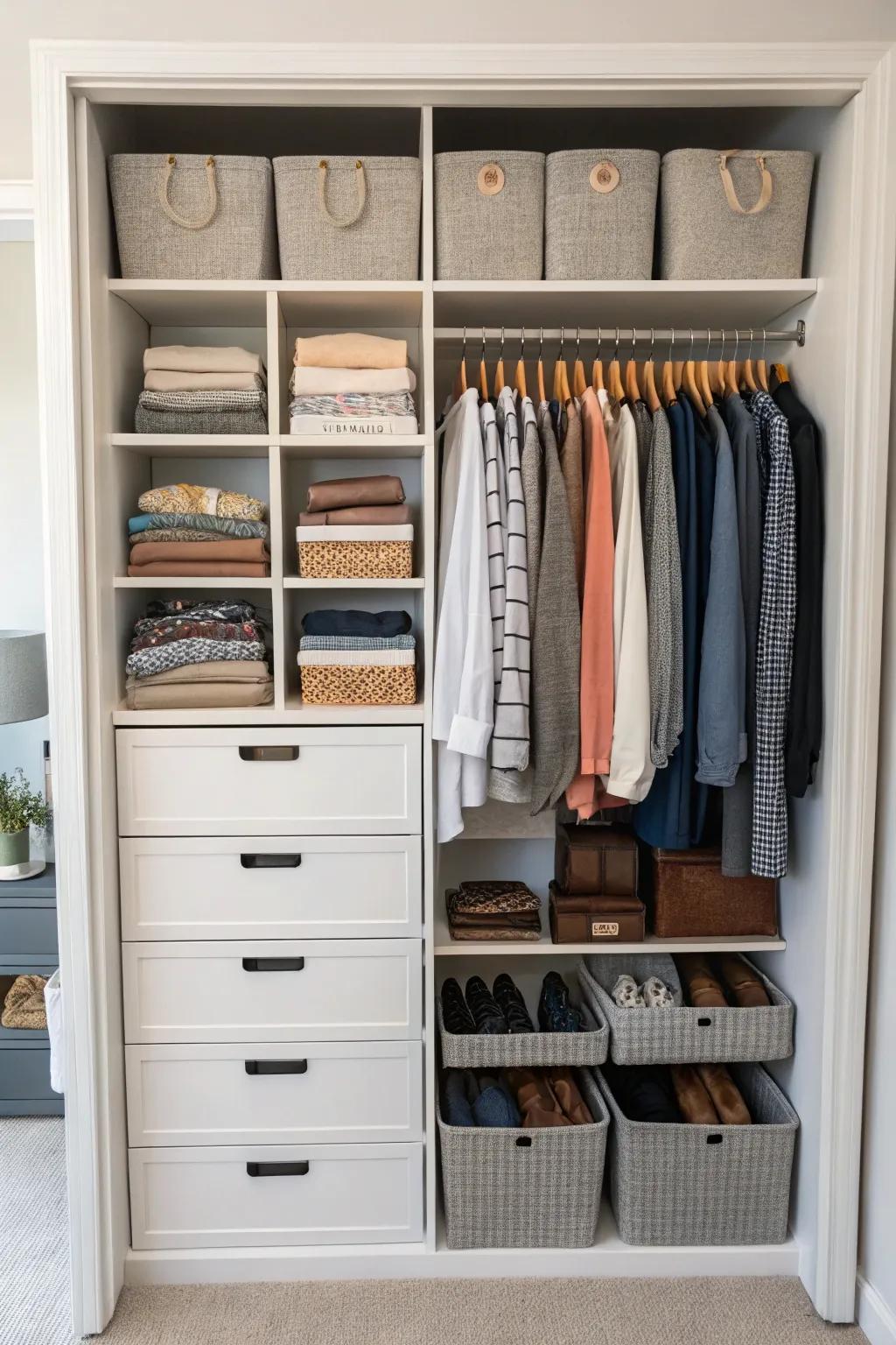 A closet with built-in drawers offering hidden storage solutions.